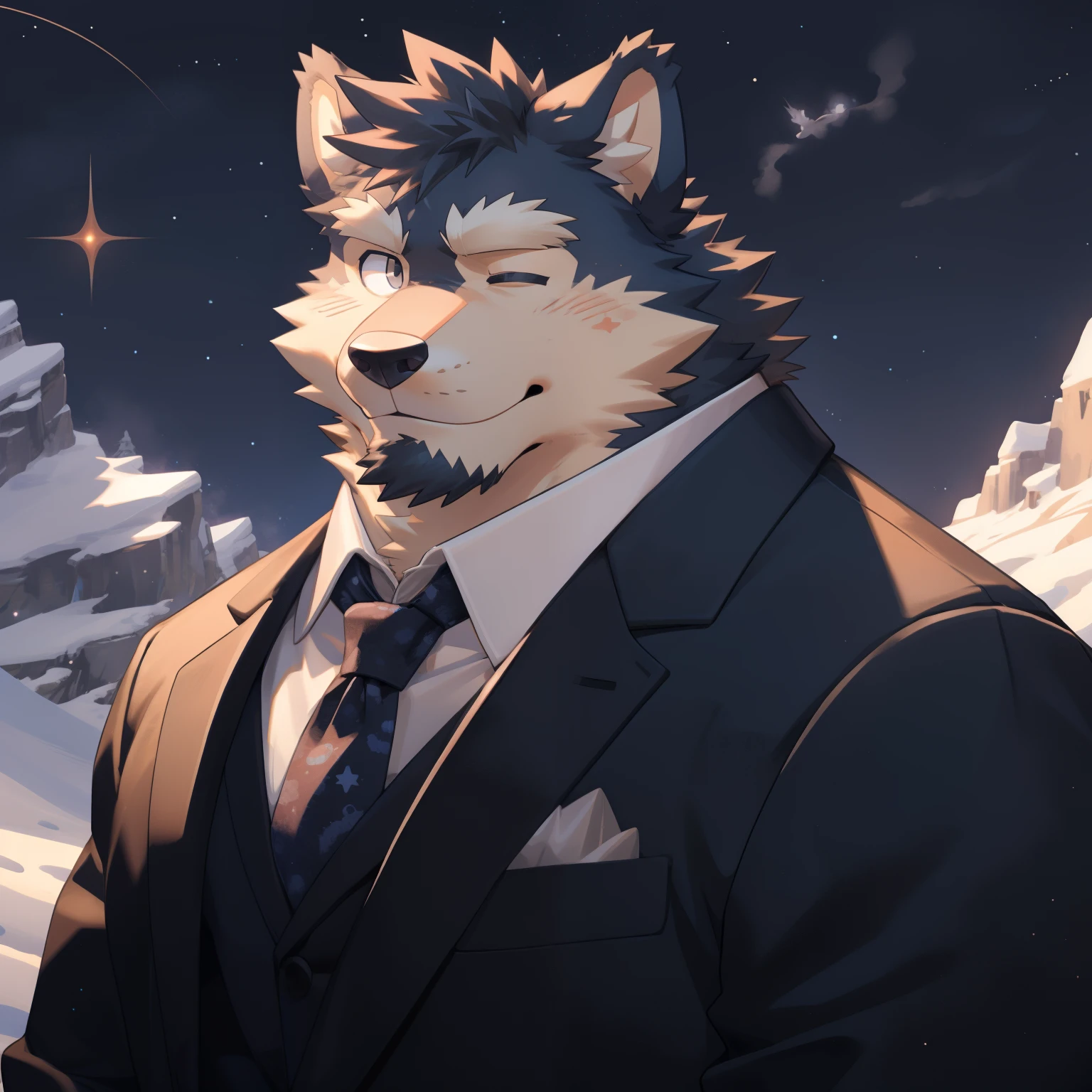 Scribble 德国牧羊dog face,Cute face,Humanity(dog),(Suit:1.3),Chubby,(white eyebrows:1.1),(With one eye closed:1.2),(perfect black eyes), Starry sky background,mountain peak,print style。(Artist:Takemoto Arashi)