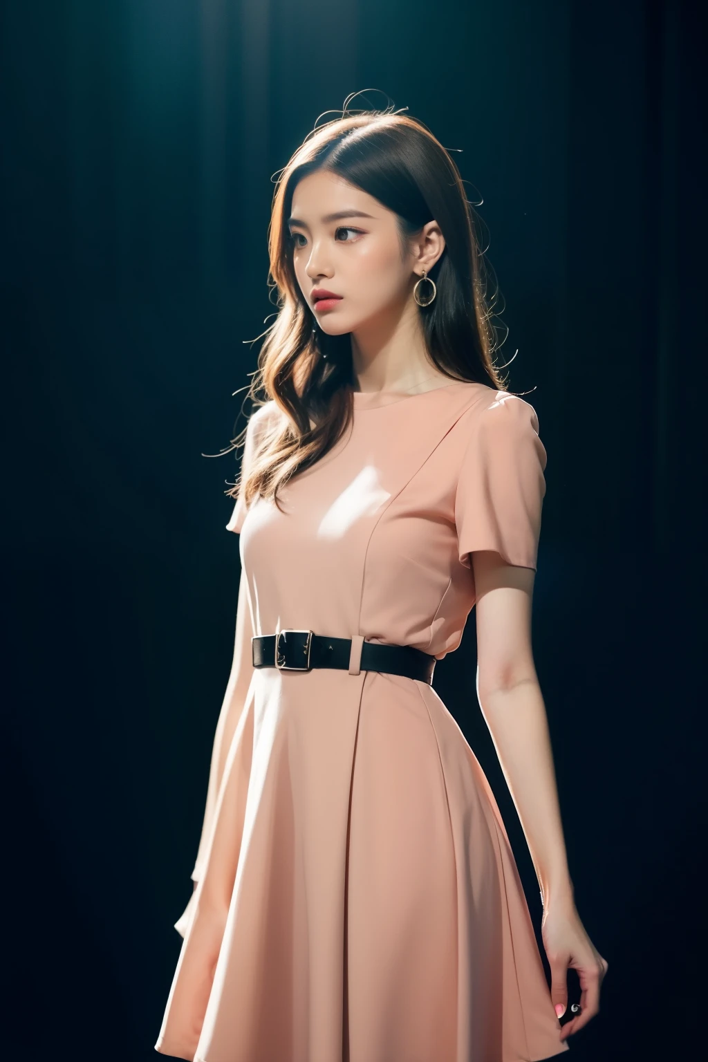 Generate an image of a person wearing a formal pink dress with the following details:
- Short-sleeved dress design
- same fabric Belted at the waist
- The dress is suitable for formal events or office wear
- the face is korean instagram model face
-long wavy brown hair
-beautiful countenance
-Fashion model
-Clothing model
- The background is dark with blue lighting, indicating an indoor setting like a runway