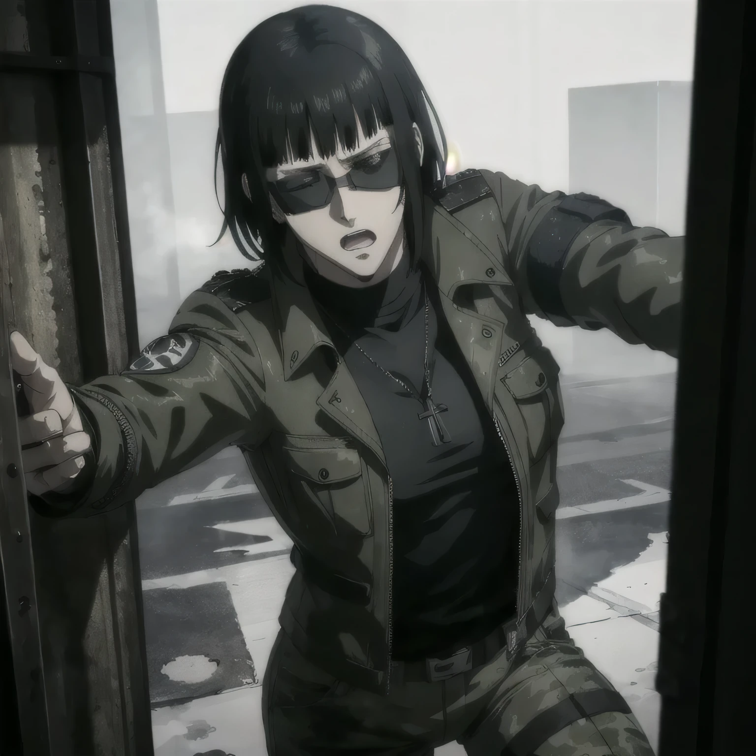 (best quality,ultra-detailed,realistic:1.37),musclaur badass girl wearing leather jacket Camouflage combat trousers, full review of the female character's face and body, intense expression, strong and confident posture, studio lighting, vivid colors, physiologically-based rendering, grungy texture, rugged background, dust particles in the air, commanding presence, professional, powerful, gritty aesthetics,,Valmet،short hair,necklace,sunglasses,