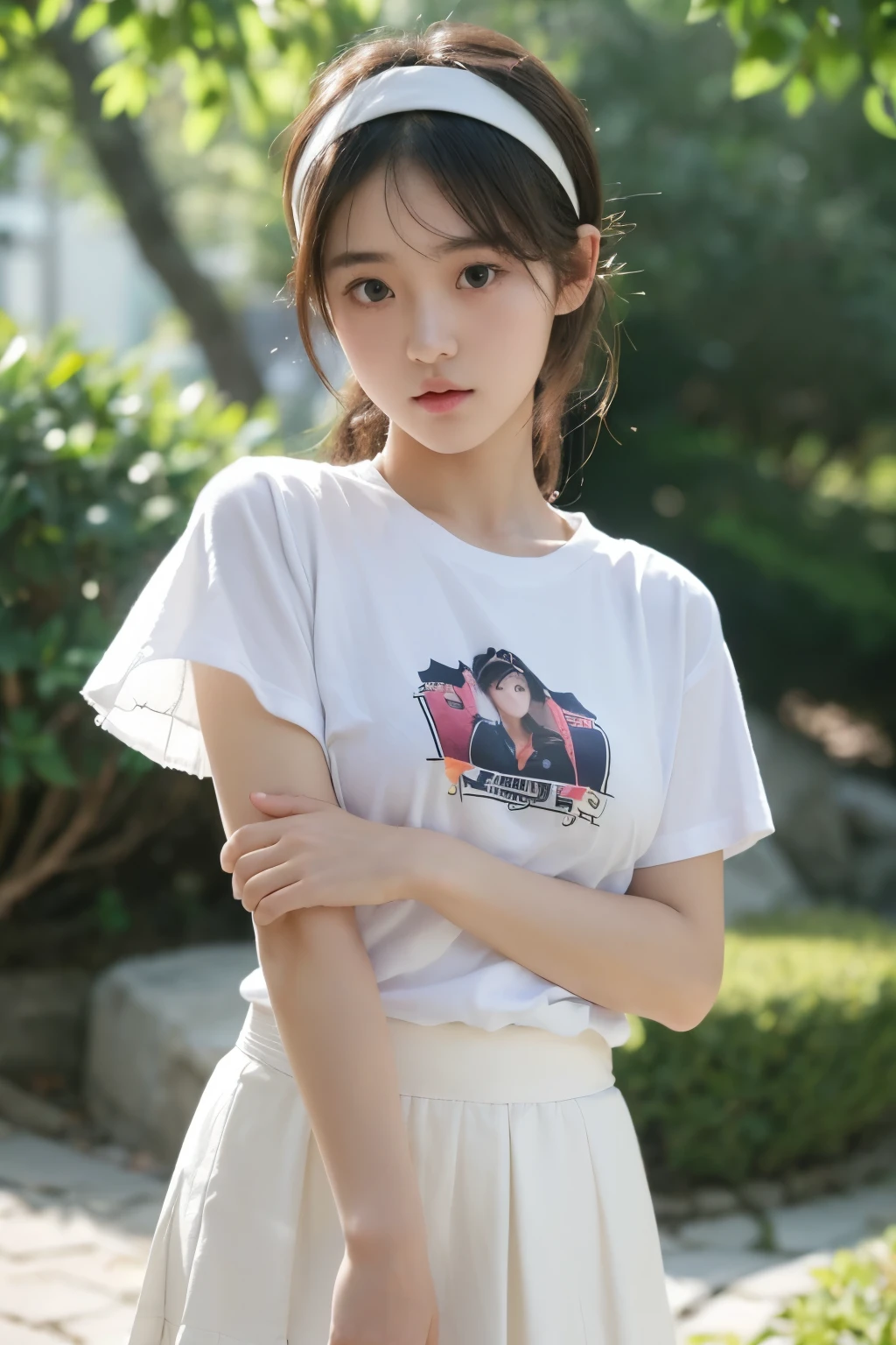 ((SFW: 1.4)), ((Detailed face, professional photography)), ((SFW, headband, t-shirt, ruffled skirt, 1 girl)), super high resolution, (actual : 1.4), Original photo, Best quality, (Photo actual Stick), Focus, Soft light, (()), ((Japanese)), (( (Young face))), (Surface ), (depth of field), masterpiece, (actual), lady, bangs, ((1 girl))