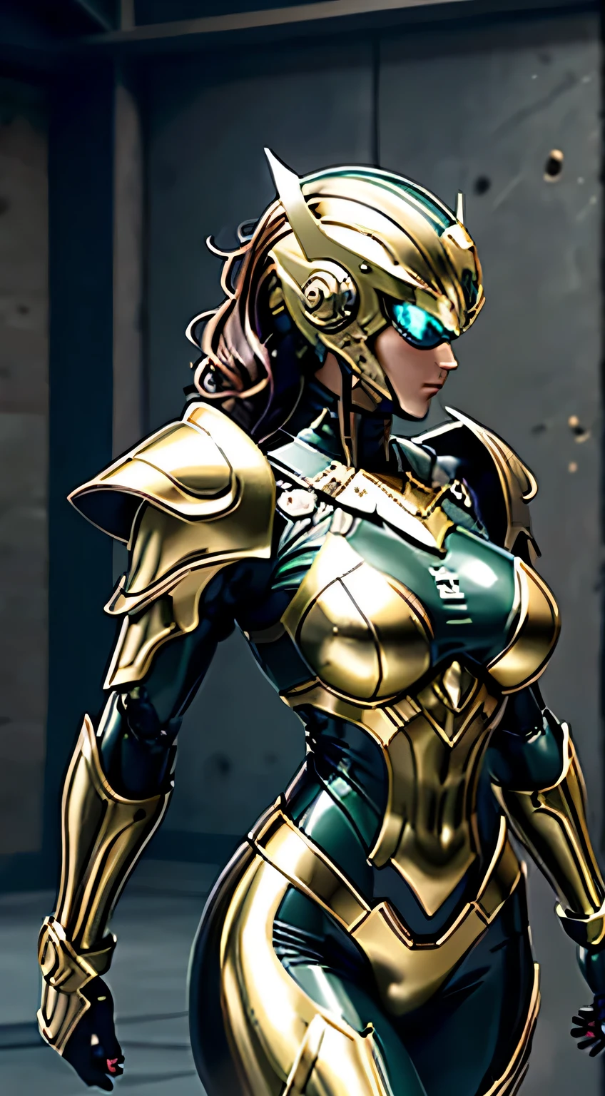 Female Robocop Solo、Bright outdoors、strong light source、8K, high quality, masterpiece, 最high quality、very detailed、Armor that completely covers the whole body、very large armor、Helmet covering the head、clear pictures、The eyes are hidden by thin, straight goggles:1.3、The lower half of the face is raw:1.5、The lower half of the face is exposed:1.5、Luscious lips、Light green metallic armor with thin gold lines、Armor that completely covers the chest、Long, slender legs、Vibrant posel body view,Big and ample breasts:1.5, (Sports Body:1.5)、Five Fingers、Photos in the city
