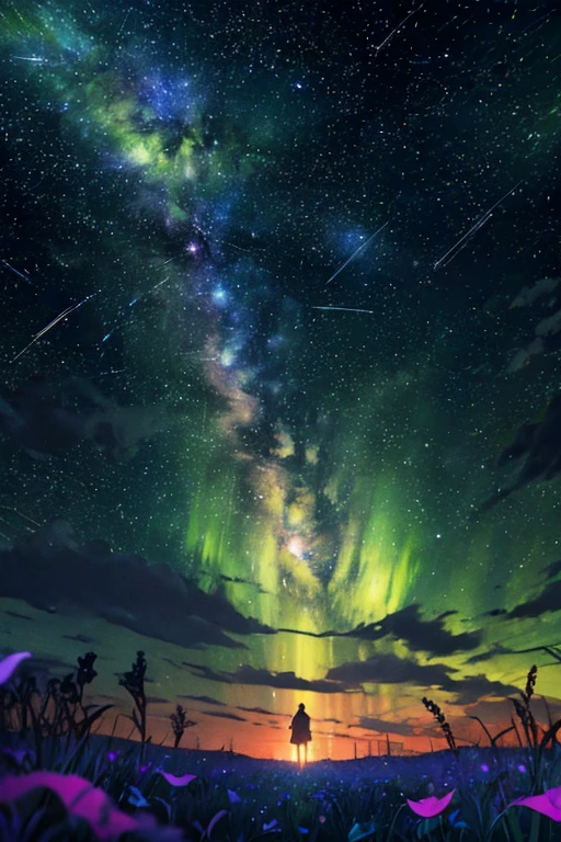 ((best quality)), ((masterpiece)), (detailed), perfect face, 1 girl, distant girl, wearing a teal dress armor, with a white colored hair, staring at the stars, (zoomed out:1.1), (meteor shower:1.2), (comet:1.1), low angle, from behind, aurora borealis, shooting star, surrounded by flowers petals, standing in a field, best quality, masterpiece, cloud, colorful, starry, stars