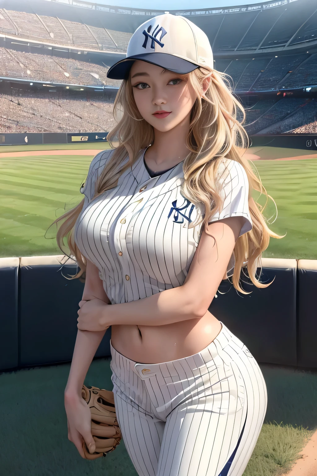 ((((masterpiece, Best Quality, High resolution)))), extremely detailed 8K, (sexy Beautiful ************ japanese girl with slim body:1.6),(playing baseball:1.6), (Ultra HD, Ultra-detailed, Highly detailed, Highly realistic, Ultra-realistic, photos realistic),{ short depth of field, (god ray:1.2), (bounced front lighting:1.1), (soft diffused lighting:1.6) },(white blonde long wavy hair:1.5), (dynamic sexy poses), (very delicate and natural hair:1.3), facing at camera, light smile, (huge firm breasts: 1.5), (very delicate and natural face, very delicate and natural eyes:1.3),(very delicate and natural clothes:1.2),{(wearing skinny pin stripes Yankees uniforms, front button unfastened, tight white skort pin stripes pants, black baseball shoes, wearing pink Yankees cap:1.6)}, ( hard nipples pointing:1.3), Glow, (very Sweat:1.2), (rays of sunshine, Sunlight), sexy long legs,Sexy, Blushing, (ultra realistic wide landscape, photogenic scenery:1.1), standing on baseball field, Yankees stadium, very windy day, hair blowing in the wind, skirt blowing in the wind