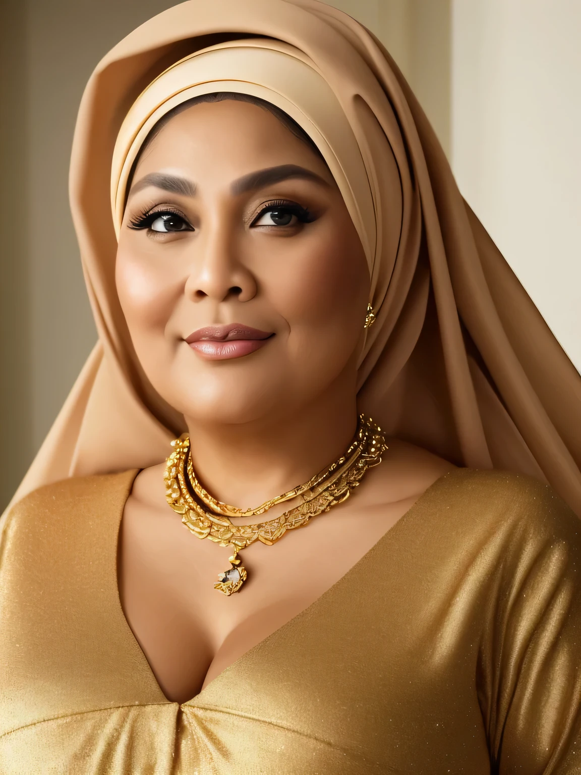 ((Realistic)) ((masterpiece)) 62 Years old, (beautiful Brunei woman face) , (high class fat lady) (curvy sexy body shape) (gorgeus eyes, broen eyes), wearing Wide Hijab, perfect, natural Gigantic saggy breast : 96.9, (natural make up), Soft smile, golden necklace, Breast about to burst Out, professional photography with natural lighting