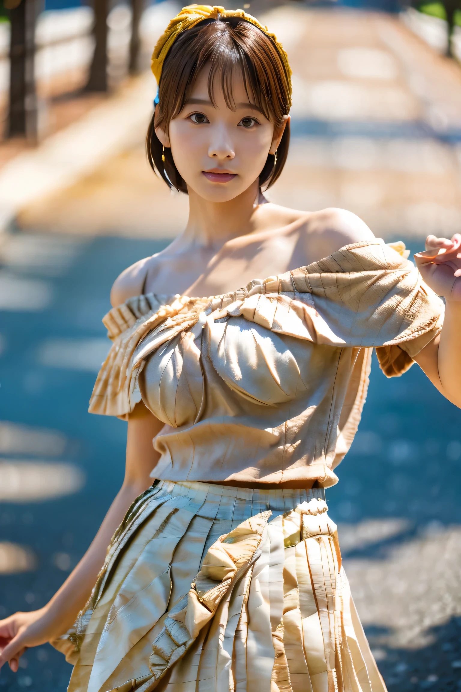 masterpiece, highest quality, Photorealistic, Very detailed, finely, High resolution, 8K Wallpaper, Professional, High level of detail, ((One 18 year old girl:1.2)), Slender Japanese women,cute lips, Detailed clavicle, Mid-chest、Perfect Face, (Cute short hair:1.5), Chestnut Hair、((No bra and an off-the-shoulder shirt:1.5))、((Pleated skirt:1.5))、(Kpop idol pose:1.5)