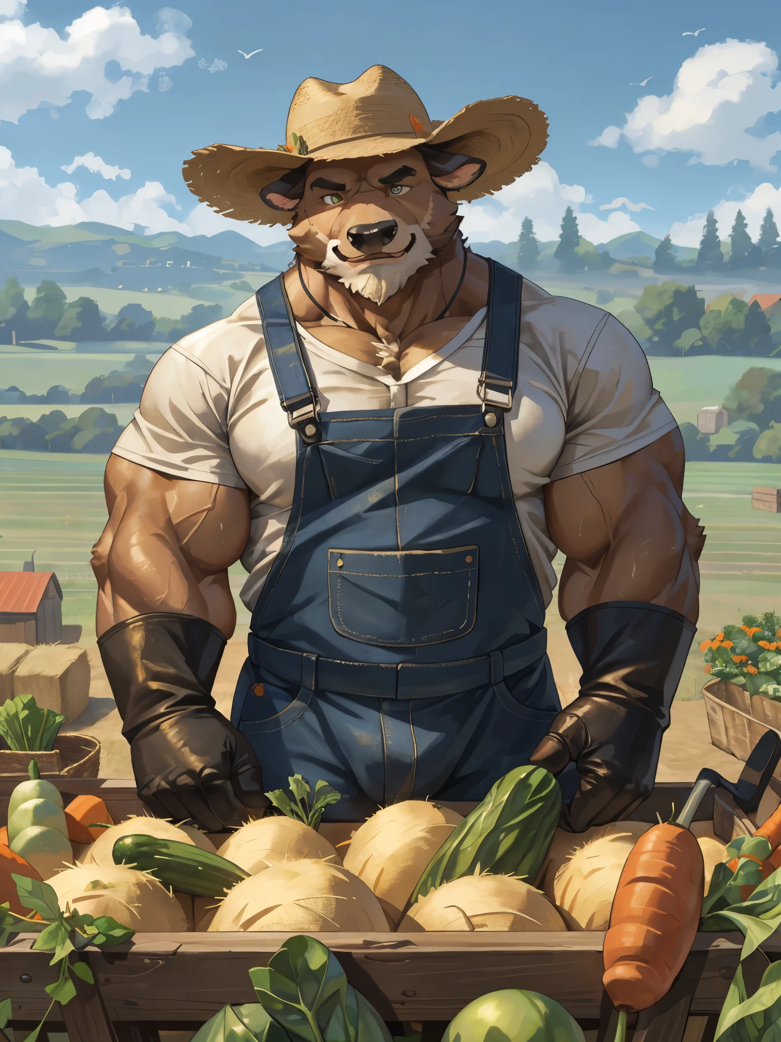 (best quality,4k,8k,highres,masterpiece:1.2),ultra-detailed,(realistic,photorealistic,photo-realistic:1.37),massive muscular, hyper muscular, bodybuilder, pectoal, thick arms, hyperc pec, huge muscular furry cow working as farmer, old, old man, white bearded, white beard ,vegetables,illustration,bountiful farm,humongous deer,strong and built cow,diligent and hardworking,beautiful countryside,vegetable fields,farm tools,rich soil,green and fertile land,golden sunlight,glistening dewdrops,peaceful and serene atmosphere,lush greenery,abundant harvest,well-manicured farm,bushy fur,kind eyes,gentle expression,straw hat,checkered shirt,farming overalls,leather gloves,straw straw hay bales,harvested vegetables,carrots,lettuce,tomatoes,cucumbers,bountiful basket,rustic wooden crates,gardening tools,tractor,gardening gloves,bushy eyebrows,strong hands,strong arms,sweat on the forehead,determination and perseverance.