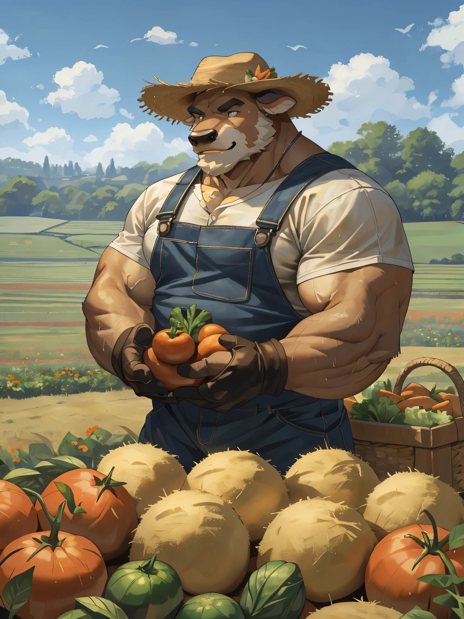 (best quality,4k,8k,highres,masterpiece:1.2),ultra-detailed,(realistic,photorealistic,photo-realistic:1.37),massive muscular, hyper muscular, bodybuilder, pectoal, thick arms, hyperc pec, huge muscular furry cow working as farmer, old, old man, white bearded, white beard ,vegetables,illustration,bountiful farm,humongous deer,strong and built cow,diligent and hardworking,beautiful countryside,vegetable fields,farm tools,rich soil,green and fertile land,golden sunlight,glistening dewdrops,peaceful and serene atmosphere,lush greenery,abundant harvest,well-manicured farm,bushy fur,kind eyes,gentle expression,straw hat,checkered shirt,farming overalls,leather gloves,straw straw hay bales,harvested vegetables,carrots,lettuce,tomatoes,cucumbers,bountiful basket,rustic wooden crates,gardening tools,tractor,gardening gloves,bushy eyebrows,strong hands,strong arms,sweat on the forehead,determination and perseverance.