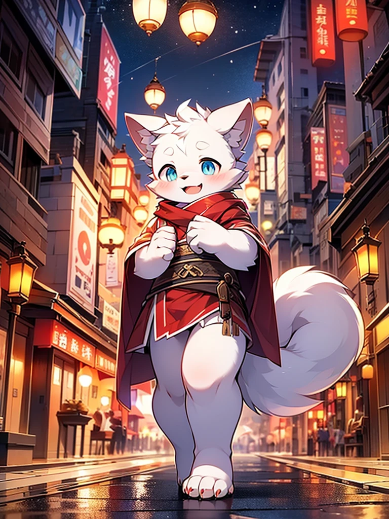 arctic wolf, Little Boy, cute, (alone), (((has white fur))), big blue eyes, blushing, smile, opening the mouth, red bathrobe, White Gold, walking place, nighttime, ancient asian city, bright street lights, blue and black slate road, Empty roads, starry sky, shadow, good facial expression, ((Precise hand-held image reproduction)), แสงและshadowของแรมแบรนดท์, Very fine