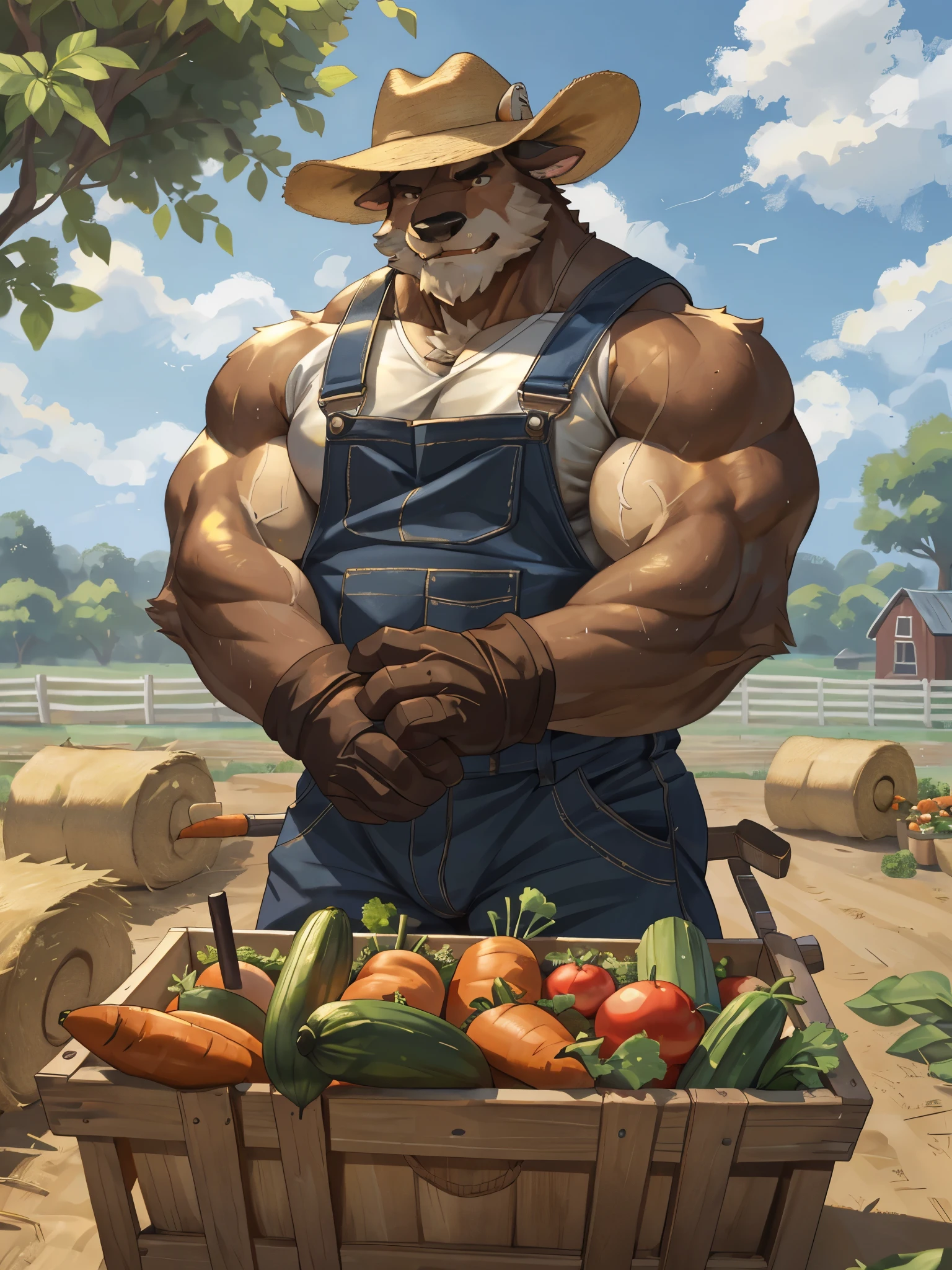 (best quality,4k,8k,highres,masterpiece:1.2),ultra-detailed,(realistic,photorealistic,photo-realistic:1.37),massive muscular, hyper muscular, bodybuilder, pectoal, thick arms, hyperc pec, huge muscular furry cow working as farmer, old, old man, white bearded, white beard ,vegetables,illustration,bountiful farm,humongous deer,strong and built cow,diligent and hardworking,beautiful countryside,vegetable fields,farm tools,rich soil,green and fertile land,golden sunlight,glistening dewdrops,peaceful and serene atmosphere,lush greenery,abundant harvest,well-manicured farm,bushy fur,kind eyes,gentle expression,straw hat,checkered shirt,farming overalls,leather gloves,straw straw hay bales,harvested vegetables,carrots,lettuce,tomatoes,cucumbers,bountiful basket,rustic wooden crates,gardening tools,tractor,gardening gloves,bushy eyebrows,strong hands,strong arms,sweat on the forehead,determination and perseverance.