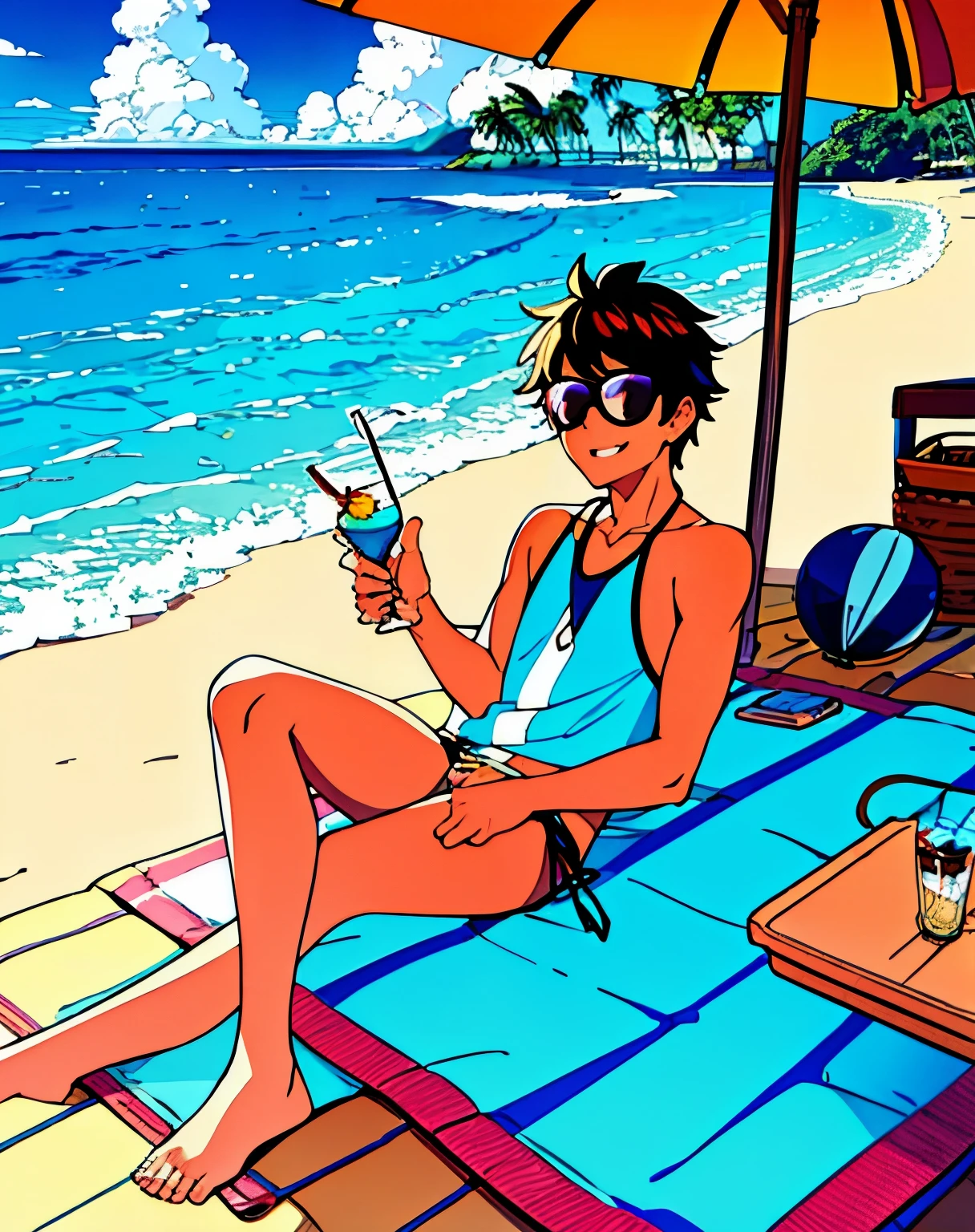 (best quality, highres, masterpiece:1.2), realistic, HDR, sunny beach, happy boy, detailed eyes, smiling face, sandy shore, clear blue sky, gentle waves, colorful beach umbrella, tropical cocktails, refreshing drinks, coconut trees, beach towel, flip flops, cool sunglasses, sunscreen lotion, sea breeze, beach ball, seagulls flying, cheerful atmosphere, vibrant colors, warm sunlight, summer vibes.