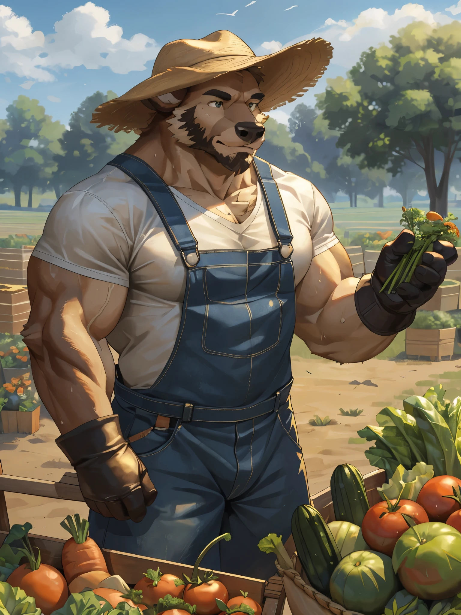 (best quality,4k,8k,highres,masterpiece:1.2),ultra-detailed,(realistic,photorealistic,photo-realistic:1.37),massive muscular, hyper muscular, bodybuilder, pectoal, thick arms, hyperc pec, huge muscular furry deer working as farmer, old, old man, white bearded, white beard ,vegetables,illustration,bountiful farm,humongous deer,strong and built deer,diligent and hardworking,beautiful countryside,vegetable fields,farm tools,rich soil,green and fertile land,golden sunlight,glistening dewdrops,peaceful and serene atmosphere,lush greenery,abundant harvest,well-manicured farm,bushy fur,kind eyes,gentle expression,straw hat,checkered shirt,farming overalls,leather gloves,straw straw hay bales,harvested vegetables,carrots,lettuce,tomatoes,cucumbers,bountiful basket,rustic wooden crates,gardening tools,tractor,gardening gloves,bushy eyebrows,strong hands,strong arms,sweat on the forehead,determination and perseverance.