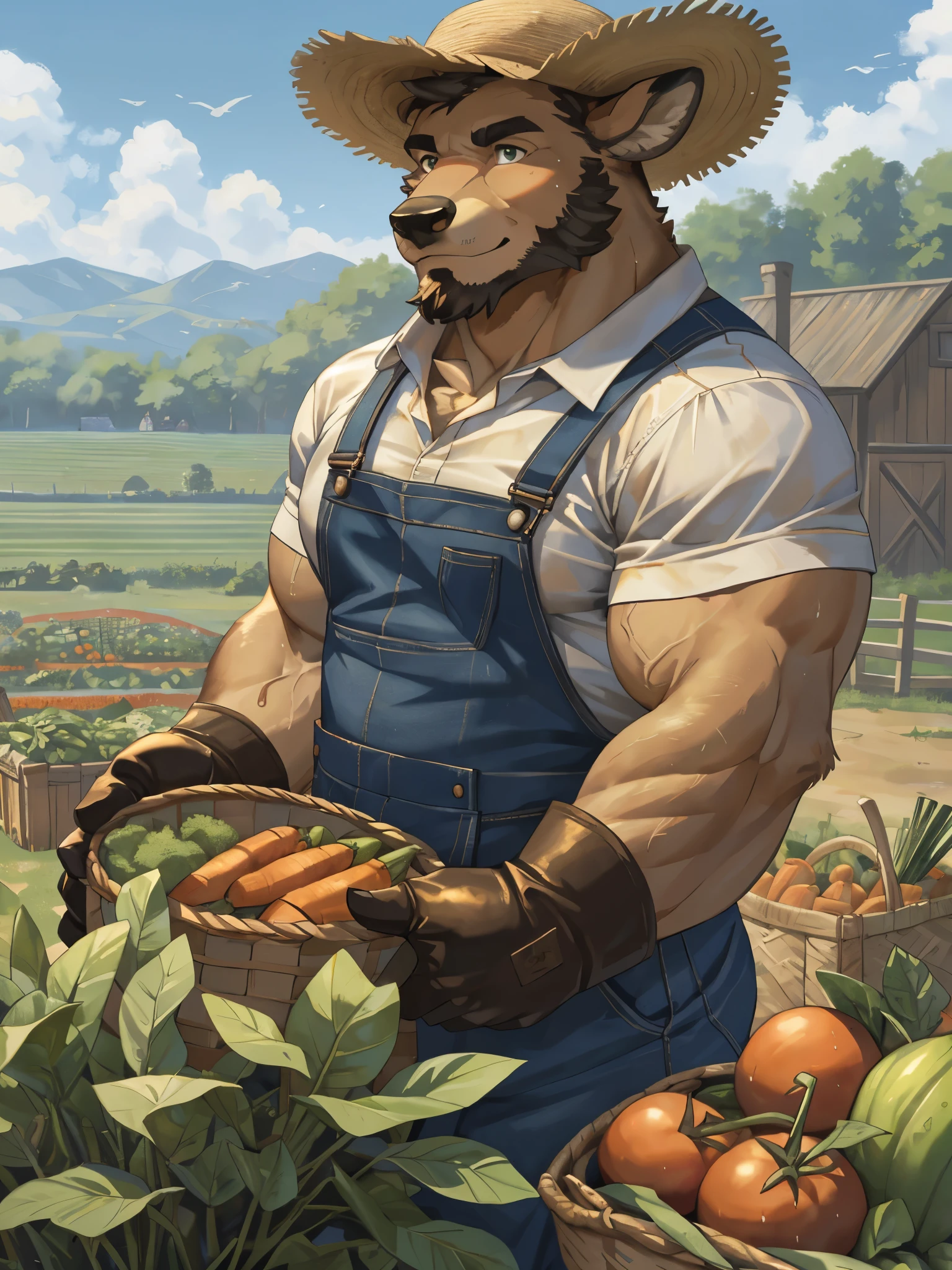 (best quality,4k,8k,highres,masterpiece:1.2),ultra-detailed,(realistic,photorealistic,photo-realistic:1.37),massive muscular, hyper muscular, bodybuilder, pectoal, thick arms, hyperc pec, huge muscular furry deer working as farmer, old, old man, white bearded, white beard ,vegetables,illustration,bountiful farm,humongous deer,strong and built deer,diligent and hardworking,beautiful countryside,vegetable fields,farm tools,rich soil,green and fertile land,golden sunlight,glistening dewdrops,peaceful and serene atmosphere,lush greenery,abundant harvest,well-manicured farm,bushy fur,kind eyes,gentle expression,straw hat,checkered shirt,farming overalls,leather gloves,straw straw hay bales,harvested vegetables,carrots,lettuce,tomatoes,cucumbers,bountiful basket,rustic wooden crates,gardening tools,tractor,gardening gloves,bushy eyebrows,strong hands,strong arms,sweat on the forehead,determination and perseverance.