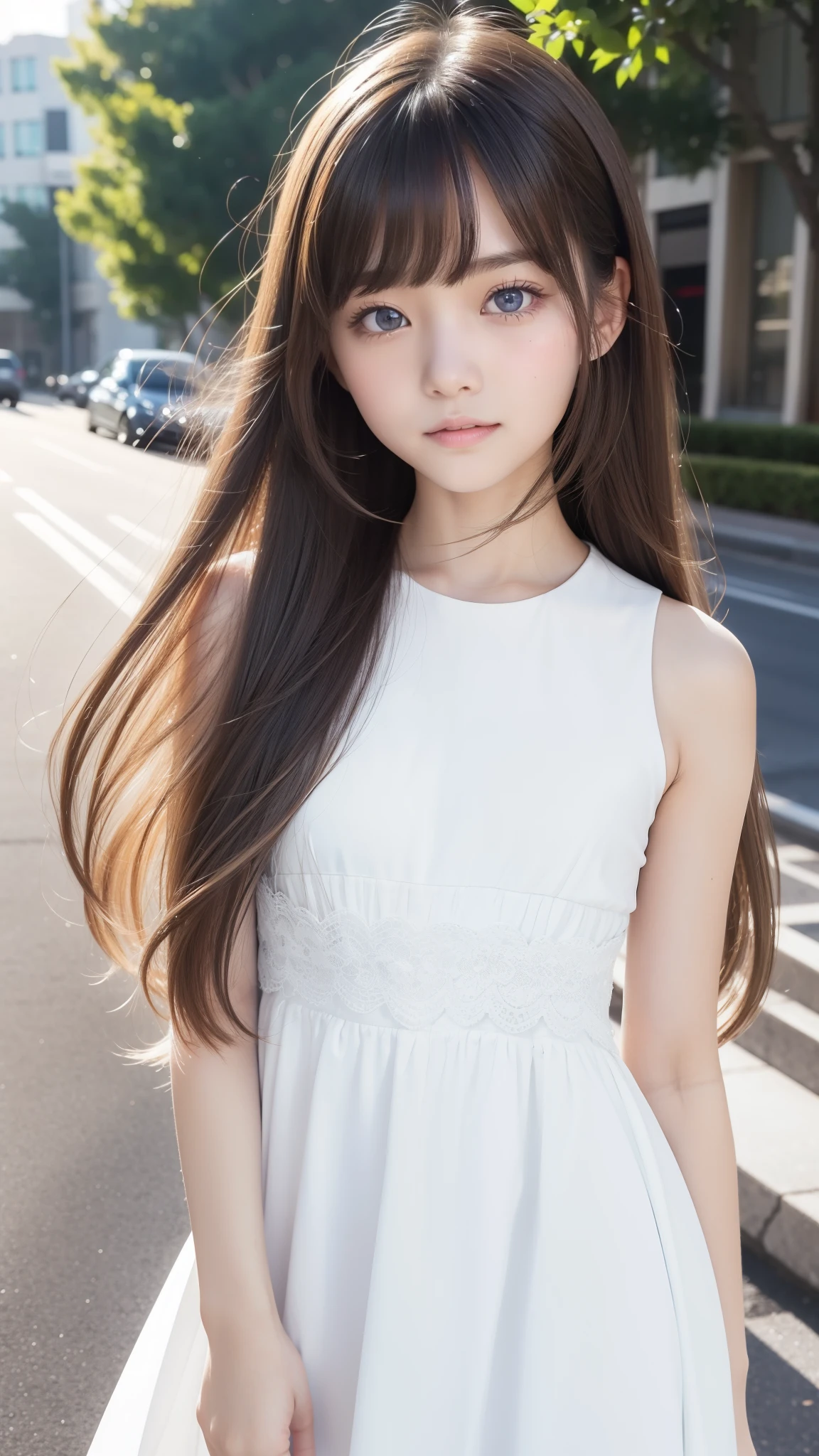 ,Shiny and transparent white skin、Windy hair disturbs your cute face、giant、one 10 year old cute sexy little beautiful face、Beautiful straight hair that stands out、spectacular, beautiful azure eyes with bright、Long soft bangs that cover cute eyes, sexy face hiding hair super long hair sexy cute young women long natural blonde shiny shiny hair,smile,white wide sleeveless dress,precise gaze, perfect eyeball,