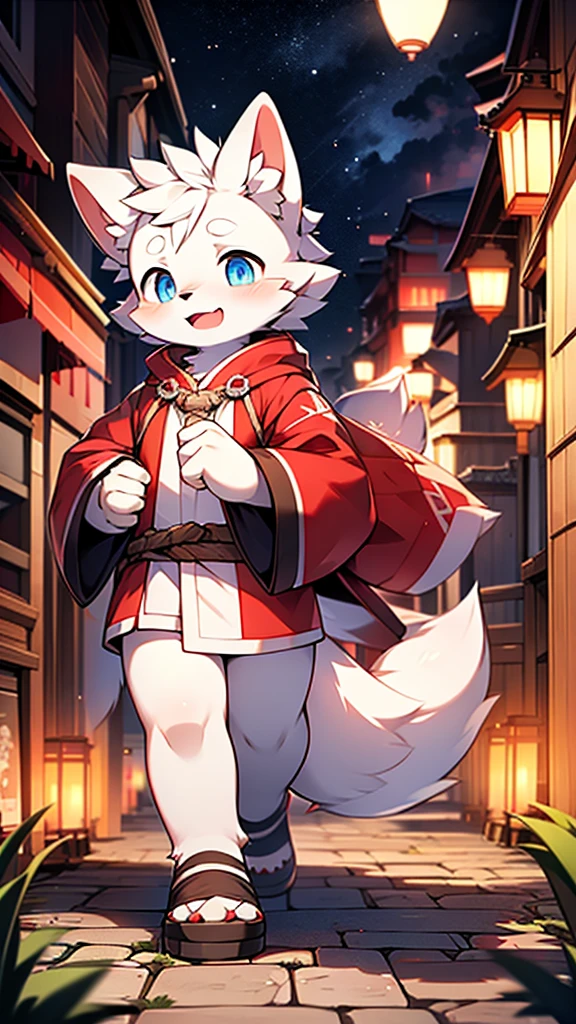 arctic wolf, Little Boy, cute, (alone), (((has white fur))), big blue eyes,red hair, blushing, smile, opening the mouth, red bathrobe, White Gold, walking place, nighttime, ancient asian city, bright street lights, blue and black slate road, Empty roads, starry sky, shadow, good facial expression, ((Precise hand-held image reproduction)), แสงและshadowของแรมแบรนดท์, Very fine