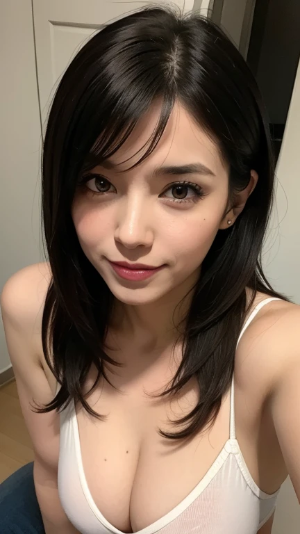 21-year-old Japan woman、Beautiful Eyes、 ((Highest quality)), Clear contours, Woman with beautiful face, (((One Girl,alone))), ((Beautiful Eyes)), Sex Appeal、Accurate simulation、She is wearing a tank top and black panties、Low Perspective, sexy、A light smile、Long brown hair、Messy Hair