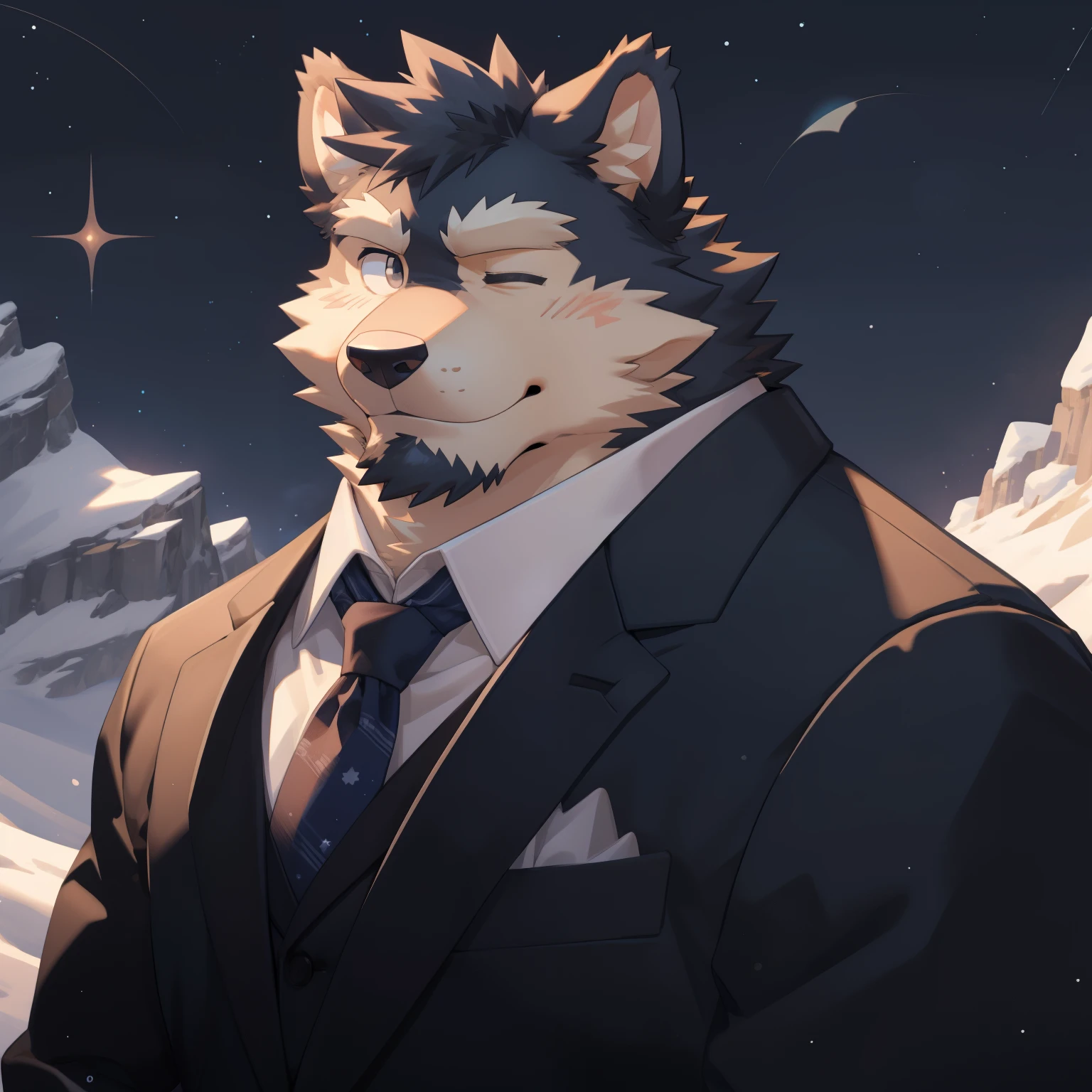 Scribble 德国牧羊dog face,Cute face,Humanity(dog),(Suit:1.3),Chubby,(white eyebrows:1.1),(With one eye closed:1.2),(perfect black eyes), Starry sky background,mountain peak,print style。(Artist:Takemoto Arashi)