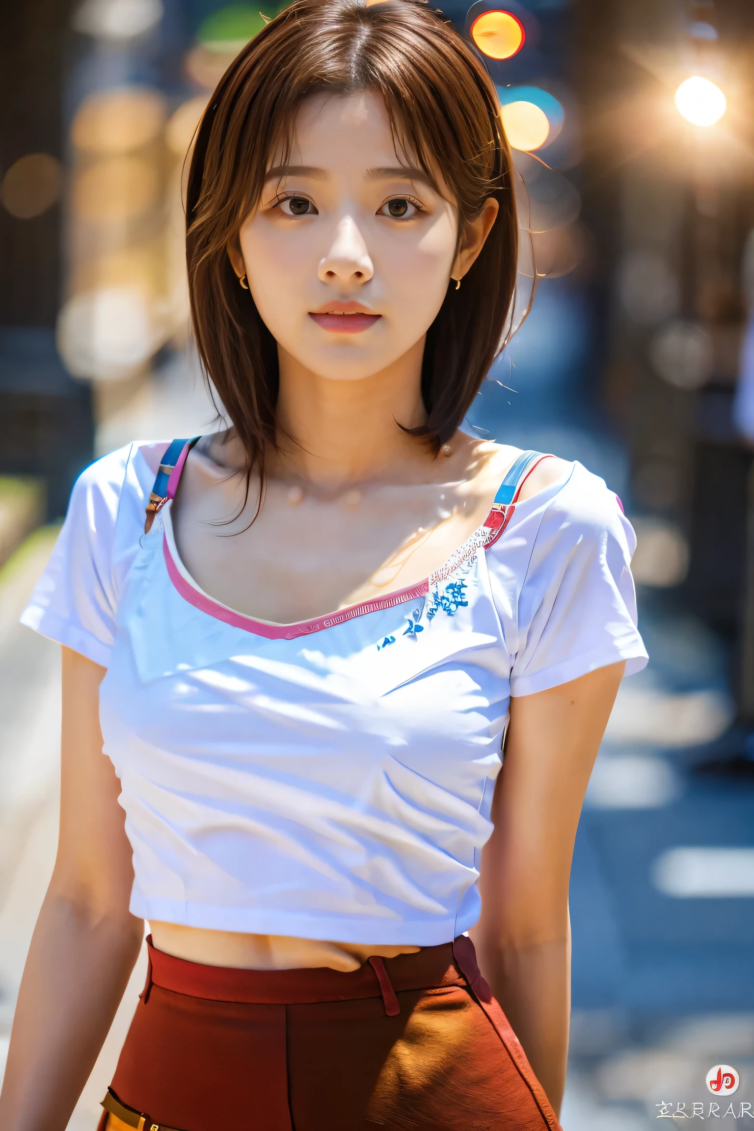 masterpiece, highest quality, Photorealistic, Very detailed, finely, High resolution, 8K Wallpaper, Professional, High level of detail, ((One 18 year old girl:1.2)), Slender Japanese women,cute lips, Detailed clavicle, Mid-chest、Perfect Face, (Cute short hair:1.5), Chestnut Hair、((No bra and just a T-shirt:1.5))、((flare skirt:1.5))、(Kpop idol pose:1.5)