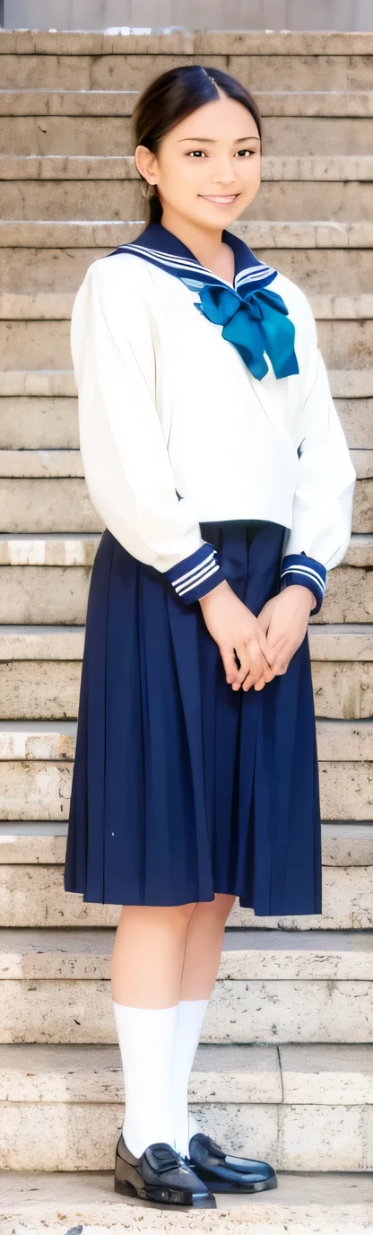 high school girl big breasts beautiful girl chestnut hair long Sadness Doll style uniform navy blazer red tie No bangs