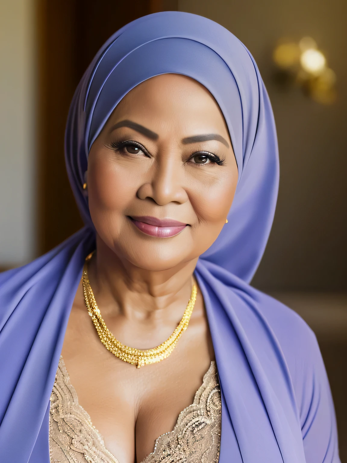 ((Realistic)) ((masterpiece)) 62 Years old, (beautiful Pinay woman face) , (high class fat lady) (curvy sexy body shape) (gorgeus eyes), wearing Wide Hijab, perfect, natural large saggy breast : 96.9, (gorgeous eyes), Soft smile, golden necklace, Breast about to burst Out, professional photography with natural lighting