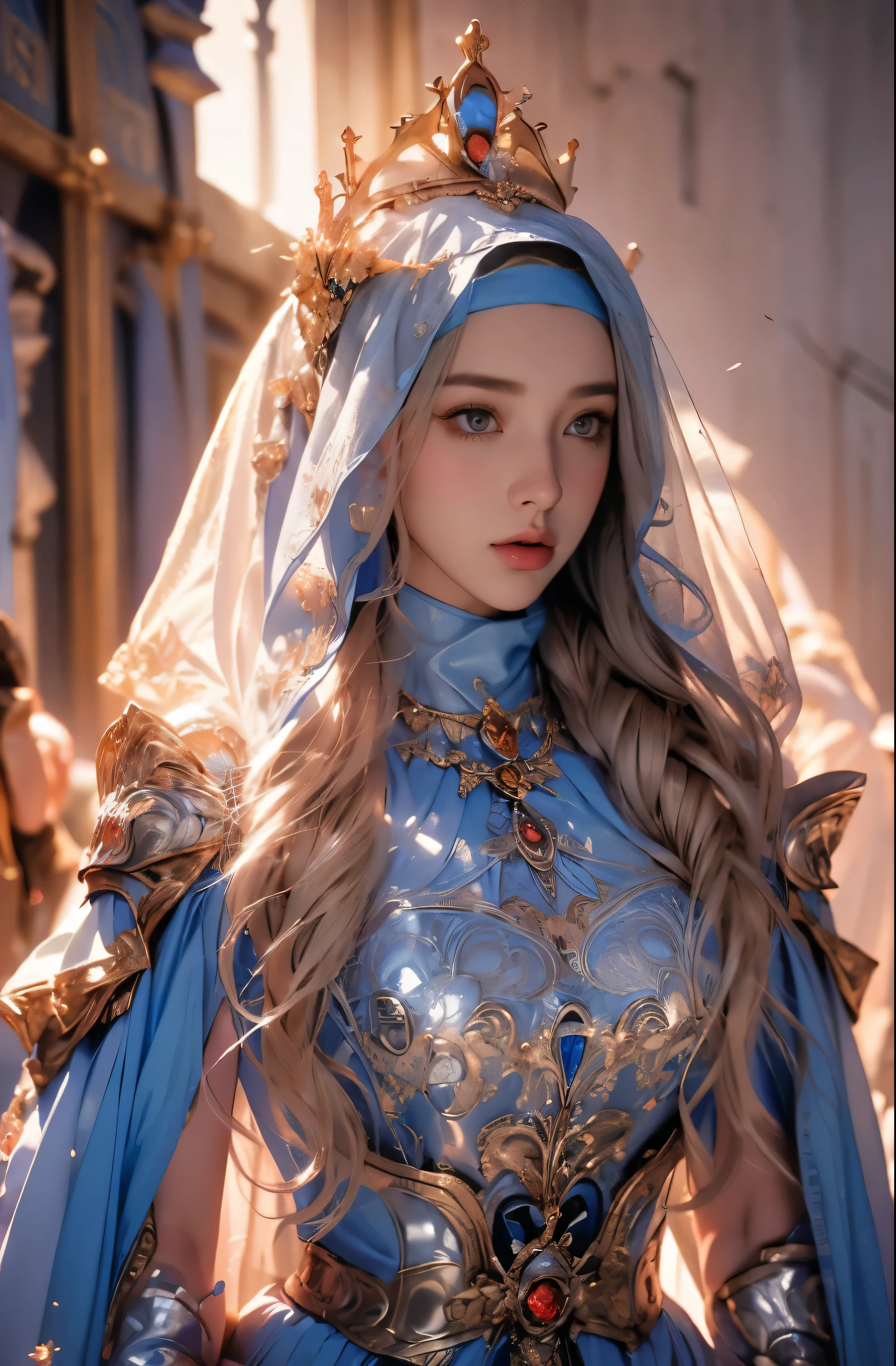 wearing a hijab , blue eye, blond hair, around , (golden silver hijab), tmasterpiece,Best quality at best,A high resolution,8K,((Portrait)),(upper body),Original photo,real photograph,digital photography,(Female princess in the medieval fantasy style),(Medieval princess in fantasy style), sexy princess ,blue eye, super colossal brest, round colossal breast extravagant ornament,cparted lips,Keep your mouth shuegant and charming,((Blushing)),virgin contempt,Calm and handsome,(Medieval fantasy dress,The Beautiful super huge round breast, small waist, perfect colossal breast of princess body, a blue delicate pattern,red Cloak),(princes medieval character medieval fantasy style,oc render reflection texture, sexy style, sexy colossal breast , medieval castle background, slim body, very small waist,