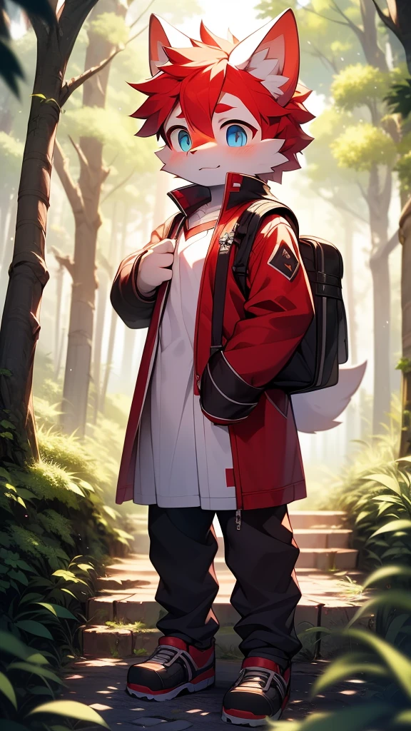 lustful boy,white furry wolf,((Shota)), red hair, blue eyes, Very good shape, handsome,cute, ,living alone, light:Blurred light and shadow, reflective surface,Red skin,((damaged clothing,common people)) ,((Deep in the woods,stone path,signal,single,person only)),outdoor sunset,((details)),(depth of field),stand on your feet
