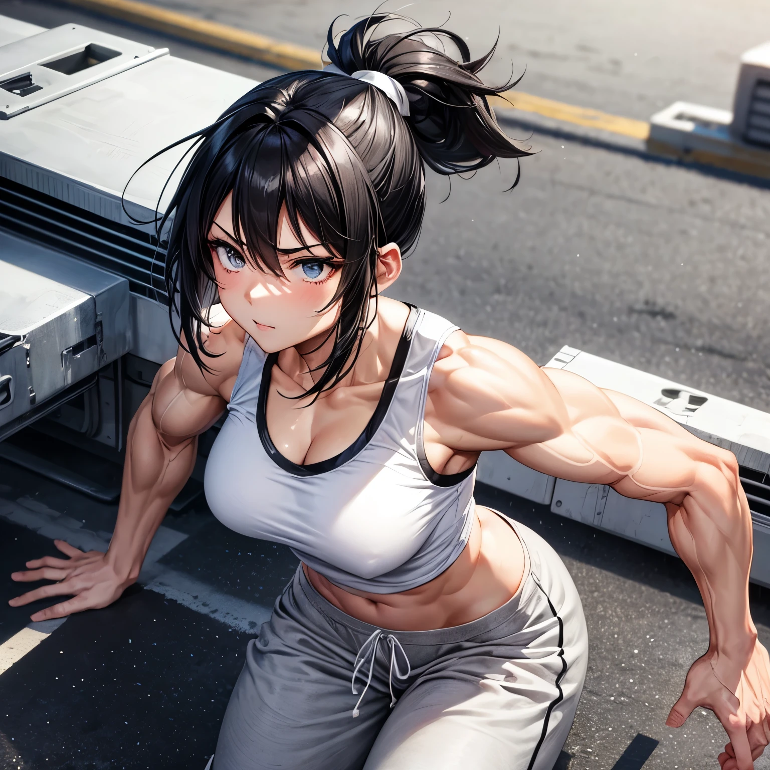 Generate a muscular anime girl eith white tanktop, messy black ponytail hair and grey long pants
