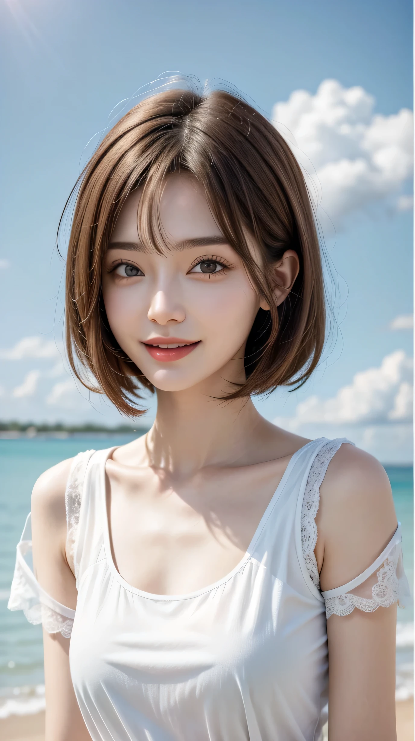 Please keep looking at me、Bright screen、light brown medium bob hair、8K、outdoor、blue sky、Upper body、Photographed alone、40 years old、smile