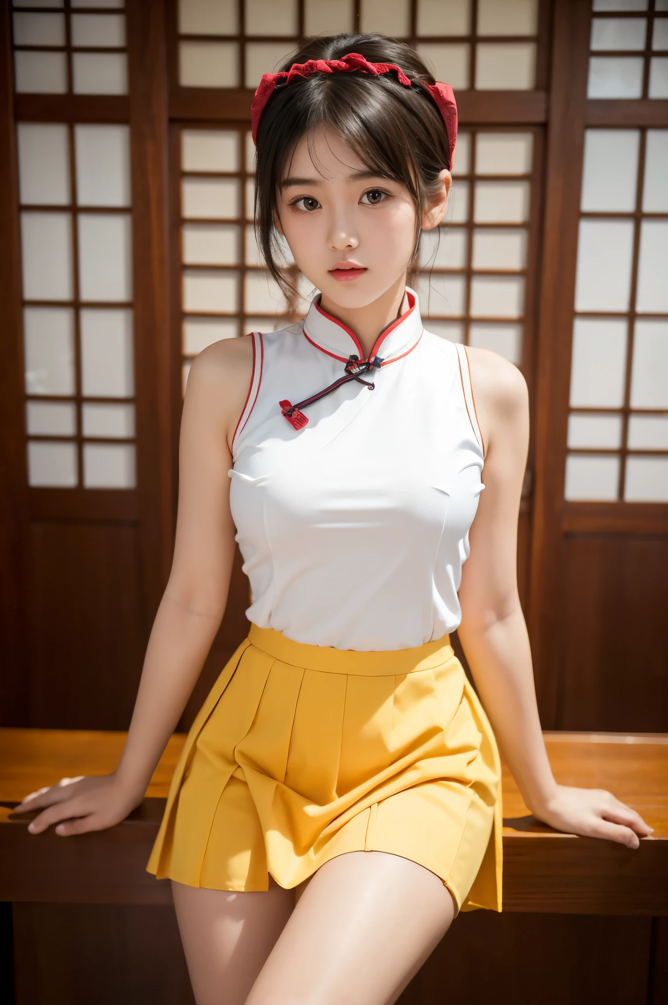 ((SFW: 1.4)), ((Detailed face, professional photography)), ((SFW, headband, open-cut short cheongsam, ruffled skirt, 1 cute girl)), super high resolution, (Actual: 1.4), Original Photo, Best Quality, (Photo Actual Stick), Focus, Soft Light, (()), ((Japanese)), (( (Young Face))) , (surface), (depth of field), masterpiece, (actual), lady, bangs, ((1 girl))
