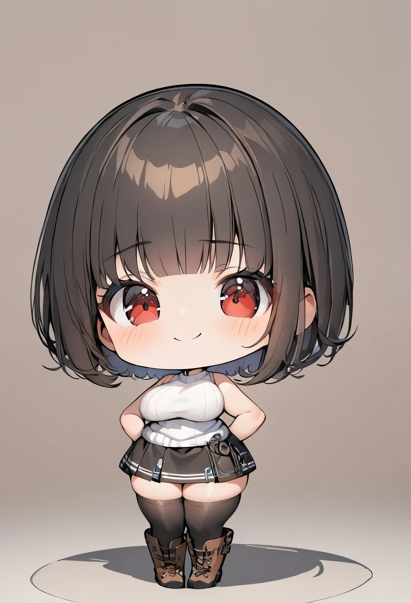 high resolution,high quality,masterpiece,solo,1 girl,blunt bangs,short hair,large breasts,black hair,red eyes, bad mood, hands on own hips,white sleeveless sweater,black mini flared skirt,black thighhighs,boots,standing,full body,front view,straight-on,apolovatar,simple background,