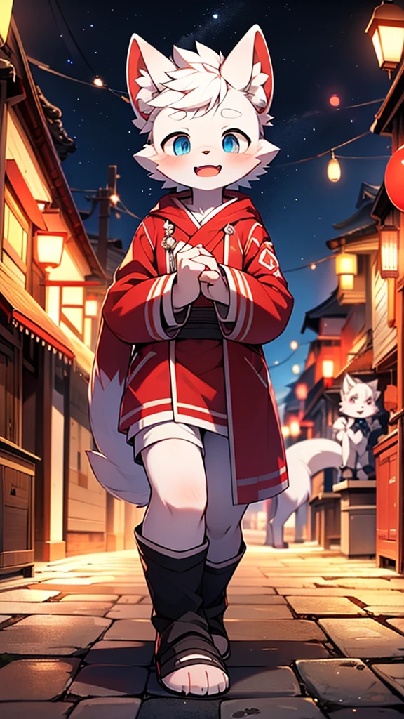 arctic wolf, red hair, Little Boy, cute, (alone), (((has white fur))), big blue eyes, blushing, smile, opening the mouth, red bathrobe, White Gold, walking place, nighttime, ancient asian city, bright street lights, blue and black slate road, Empty roads, starry sky, shadow, good facial expression, ((Precise hand-held image reproduction)), แสงและshadowของแรมแบรนดท์, Very fine