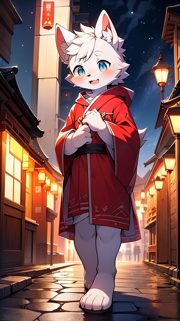 arctic wolf, red hair, , cute, (alone), (((has white fur))), big blue eyes, blushing, smile, opening the mouth, red bathrobe, White Gold, walking place, nighttime, ancient asian city, bright street lights, blue and black slate road, Empty roads, starry sky, shadow, good facial expression, ((Precise hand-held image reproduction)), แสงและshadowของแรมแบรนดท์, Very fine