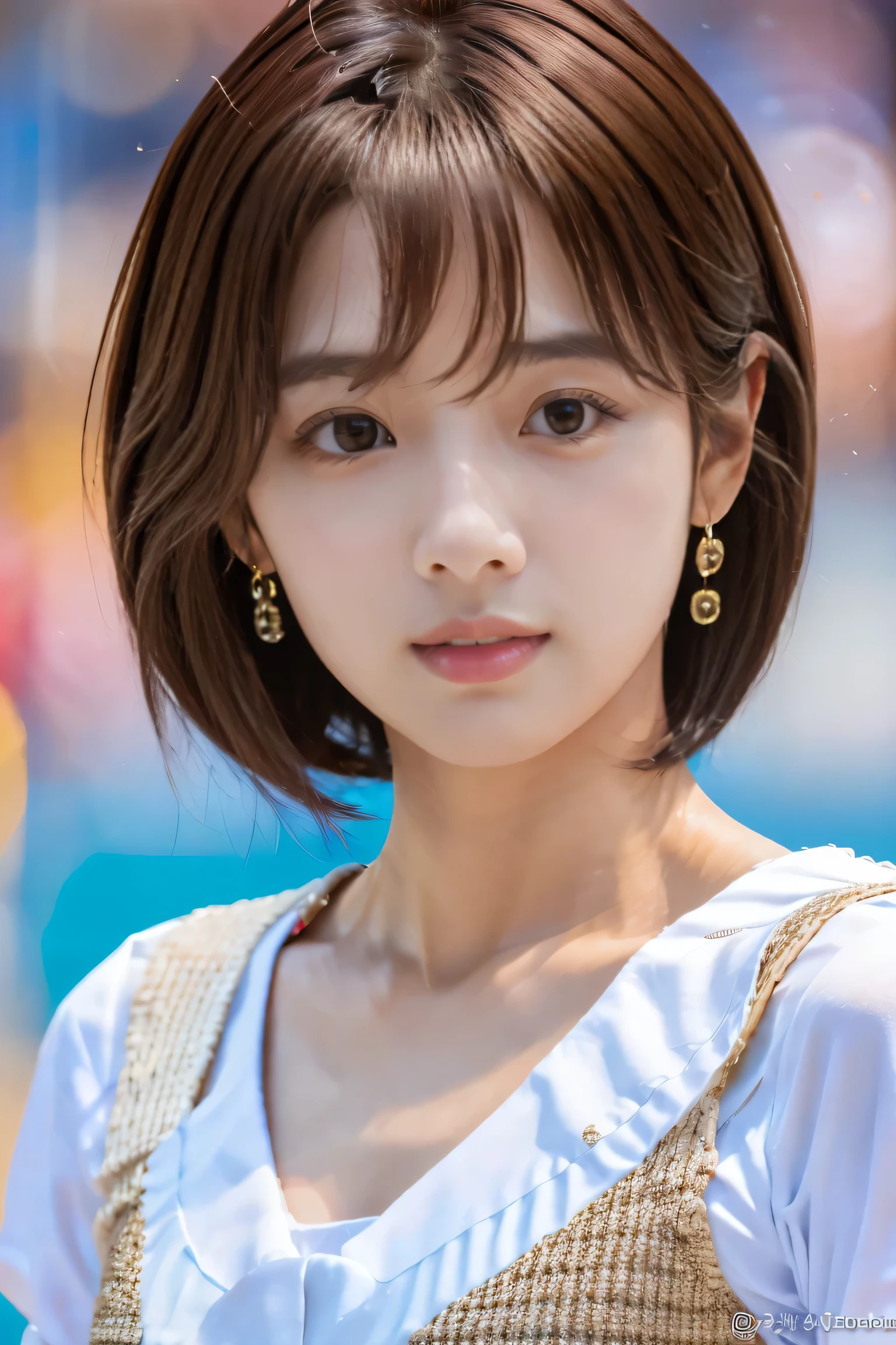 do, highest quality, Photorealistic, Very detailed, finely, High resolution, 8K Wallpaper, Professional, High level of detail, ((One 18 year old girl:1.2)), Slender Japanese women,cute lips, Detailed clavicle, Mid-chest、Perfect Face, (Cute short hair:1.5), Chestnut Hair、((Kpop idol costumes:1.5))、(Kpop idol pose:1.5)