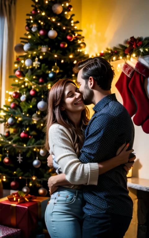 auburn haired Norwegian woman hugging a dark haired man in front of a Christmas tree. indoors, night, warm light