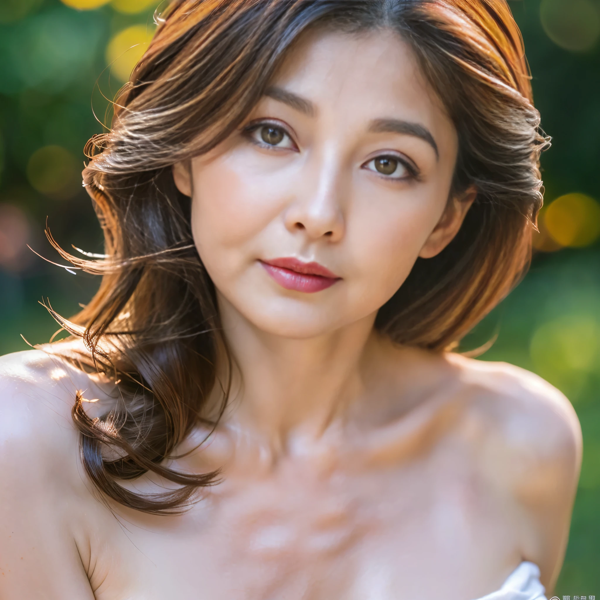 ((highest quality、8k resolution、Master Masterpiece、Professional photography)), Photorealistic, (50 year old beautiful mature woman with an idol face:1.3), (Wrinkled face:1.2)、Upper body photo、(Nude photos from the chest up:1.2)、(Pure white background:1.1)、(Advertising images:1.1)、Wrinkles around the eyes,Standing Elegantly、(plump and soft body、clavicle)、(The most elegant and beautiful berry long wavy hair:1.1、(look at me悲しい微笑み:1.2)、(look at me:1.1)、(large breasts of beautiful shape、Soft cleavage)、Perfect Makeupアップ,Dark red lipstick,Perfect Makeup,eye shadow、Long eyelashes、(Super high resolution glossy white skin:1.1)、Feelings of love