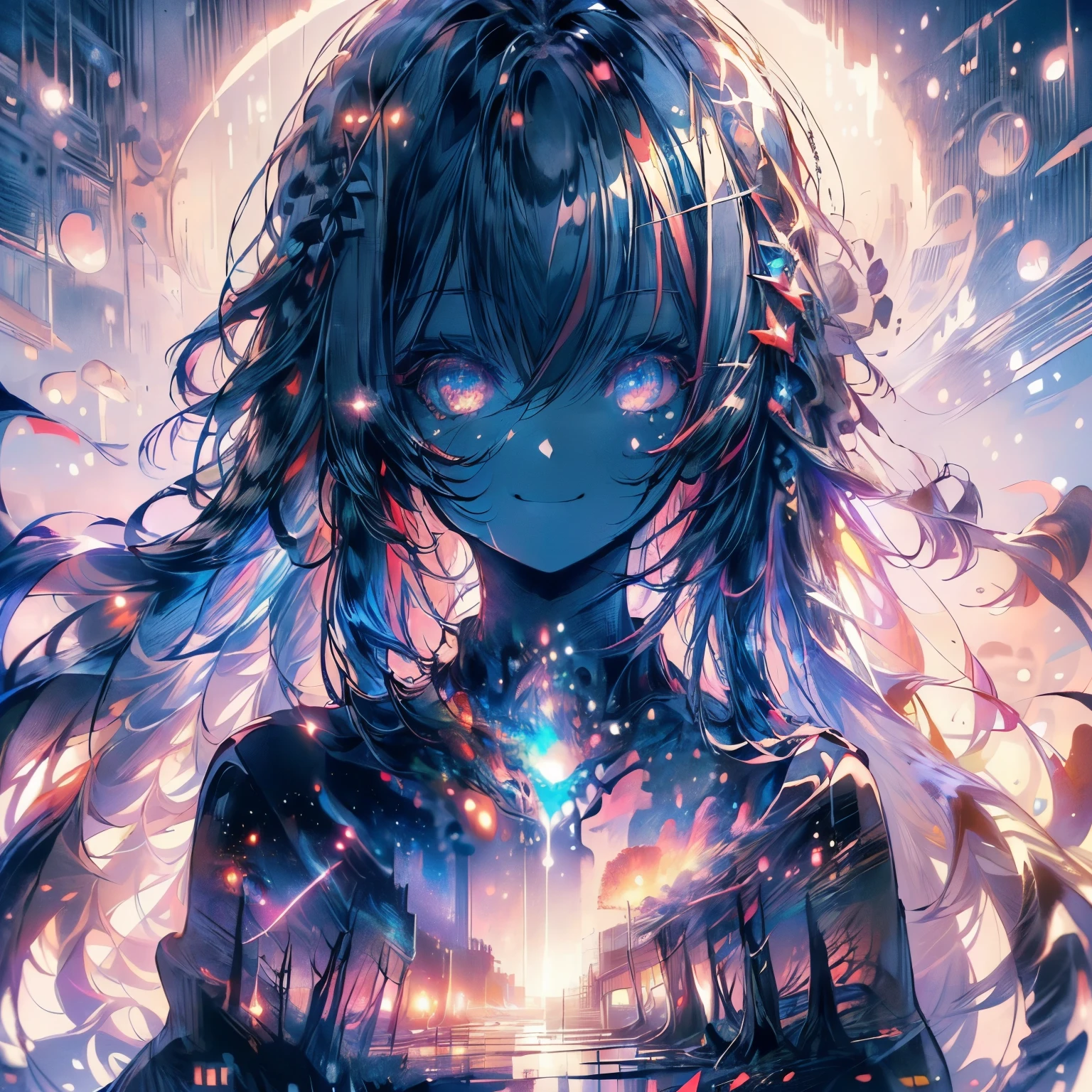 ((((masterpiece, best quality, ultra detail, very_high_resolution, large_filesize, full color)))), Multiple Exposure, Dark fantasy, Devil's Castle, night, nightのお城, Devil's Castleの上部に悪魔のsmile, Red Pupil Witch, smile,