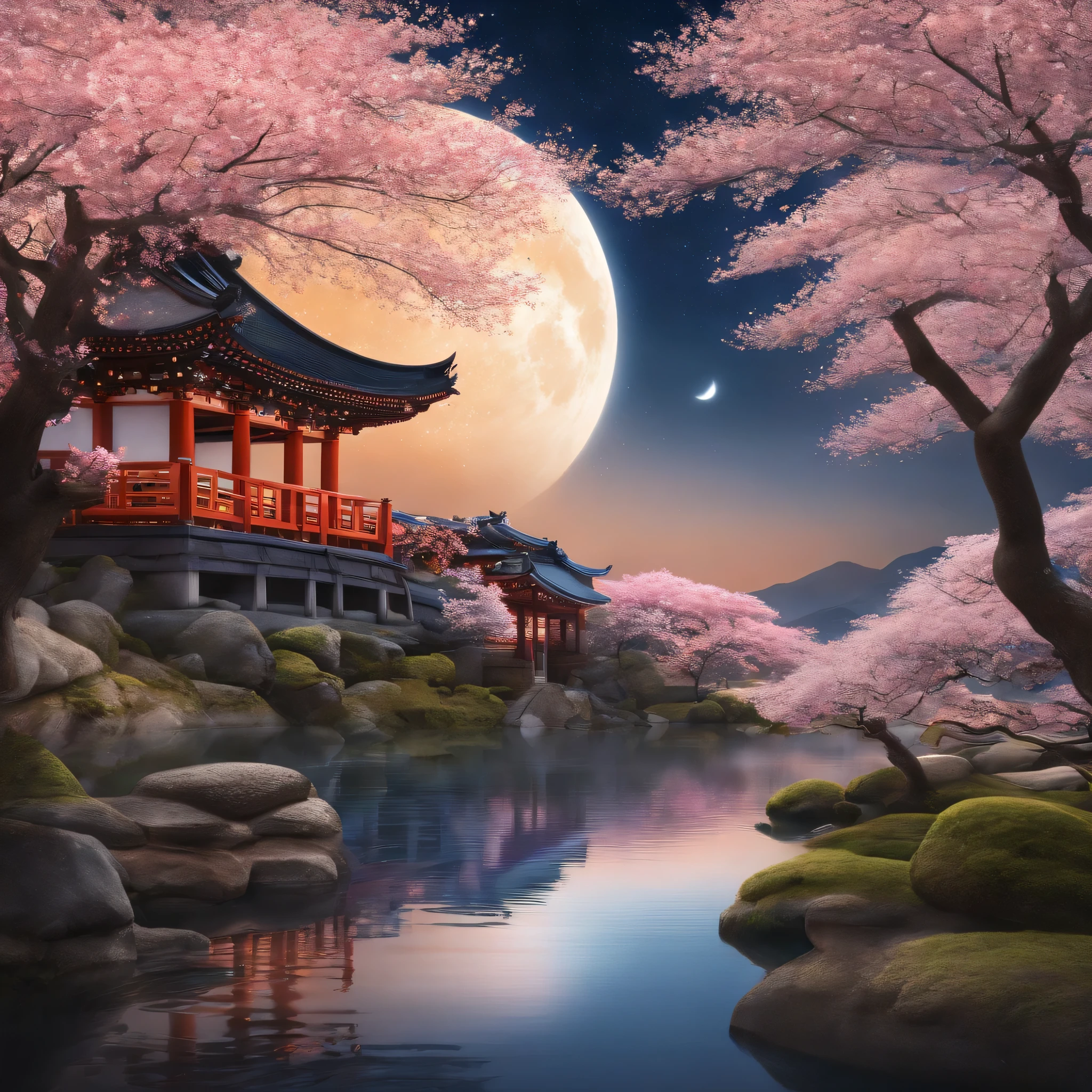 Master Parts、Superior Quality、superior image quality、The 8k quality、、Beautiful pictures of the starry sky、magnifica、Arched Milky Way、Behind the Yōmeimon lies a shrine floating in the sea、cherry blossom tree in full bloom、Two foxes stand side by side, one on the left and one on the right