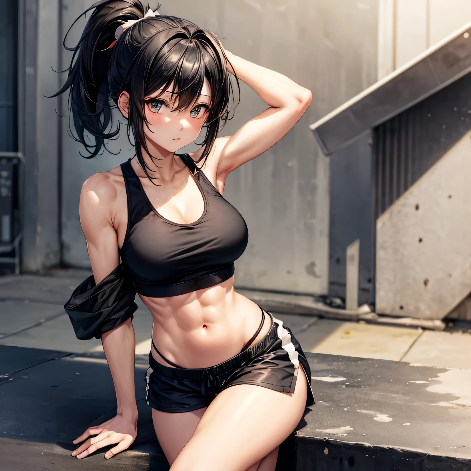 Anime girl with messy black ponytail hair and slim muscular body with tanktop