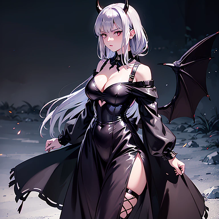 1 girl,single,Front view,Latex tights,Latex outlines the shape of the genitals,Devil Wings,Demon Eye Headdress,Devil's Horns,Waist sheer maxi skirt,Head profile,Garter stockings,Silver-gray waist-length hair,Beautiful curves,Big breasts,Hold your chest straight and your hips up,There is a devil's eye plaque on the chest,Navel,Showing thighs,Off-shoulder,crotch tattoo,Wandering on the night street,Enchanting eyes,8k,Highest quality
