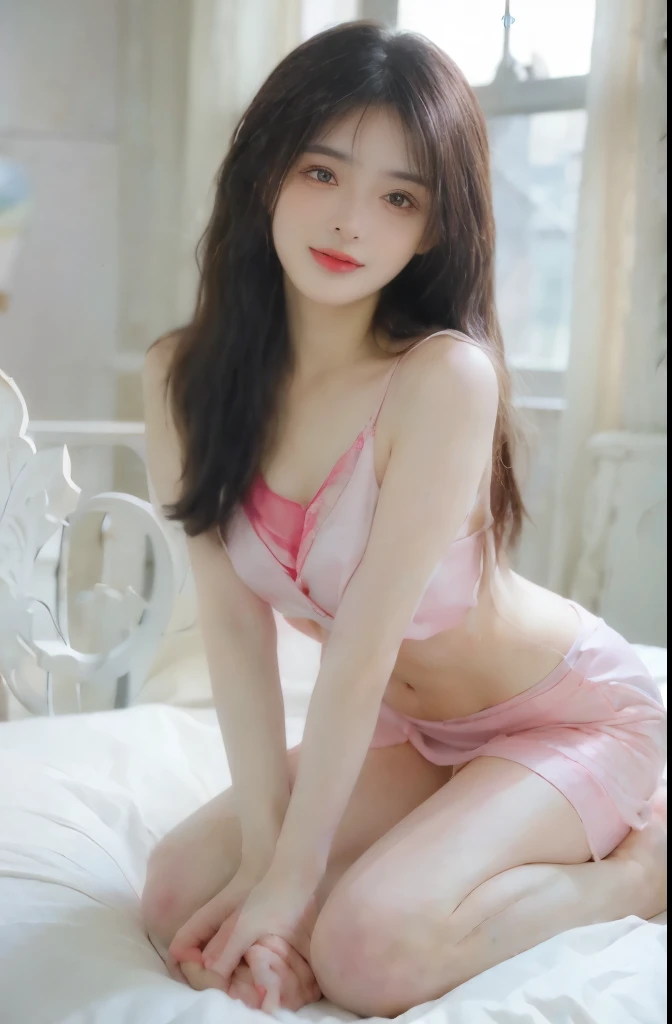CG picture, Ultra-clear,Depth of Field, Bokeh, girl, young, (Close-up of face),Physically based representation, fair, Hyperrealism, 21 years old, (Beautiful),Perfect body, Perfect breasts, exposed, Height 175 cm, Strike a pose, (whole body), (whole body), (The concubine lies),(Silk transparent pantyhose),放松rest , Long hair, rest,exposed,(Bare feet),(knee),Topless,(exposed胸部),Legs open,Leg lift,Happy smile,((thoughtfully)),(Sexy nightgown tilted),Nipple protrusion,(Areola pink),((Hands on cheeks)),Wearing anklet,((Naked breasts)),(Transparent leg socks),face,((Arms outstretched)),Navel