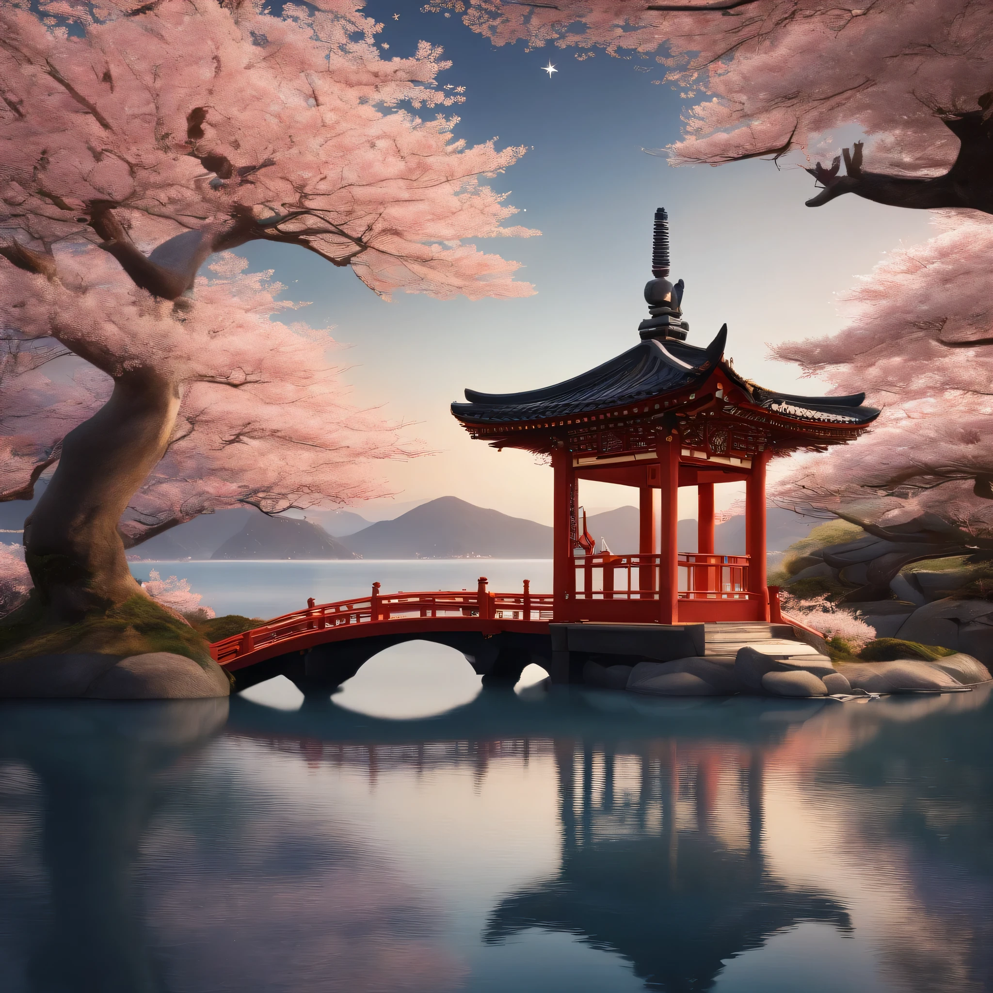 Master Parts、Superior Quality、superior image quality、The 8k quality、、Beautiful pictures of the starry sky、magnifica、Arched Milky Way、Behind the Yōmeimon lies a shrine floating in the sea、cherry blossom tree in full bloom、Two foxes stand side by side, one on the left and one on the right