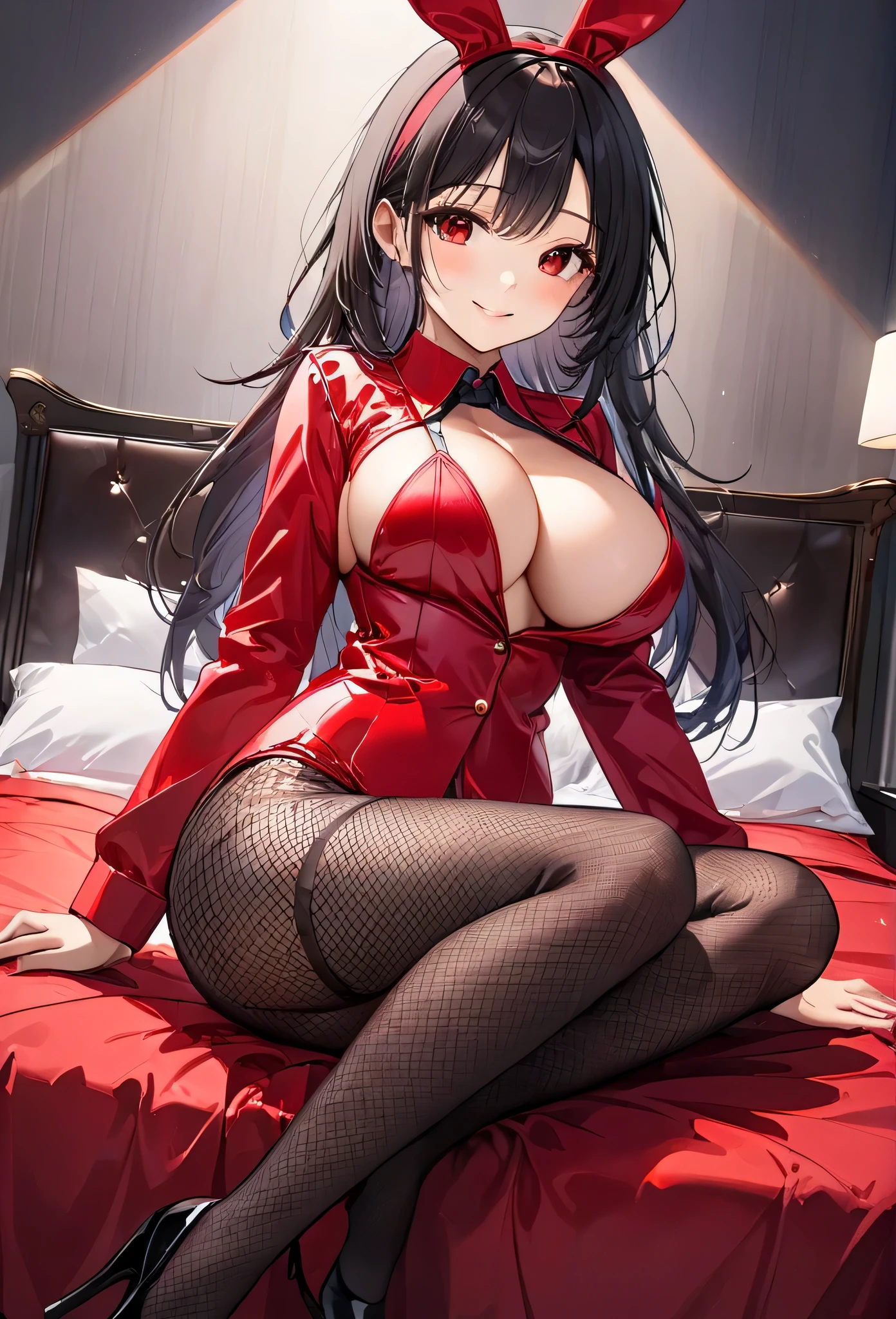 perfect anatomy, masterpiece:1.4, best highres, 16k, (in the night bedroom), (Bunny girl style) (low-angle:1.3) (solo:1.3 straight black hair long hair femdom cute bunny girl), ((18 yo)), (bigboobs, detailed red eyes, love:1.2 smile), break, (in a sexy:1.1 red bunny suit), (Both legs with detailed Fishnet tights), sit down on bed.