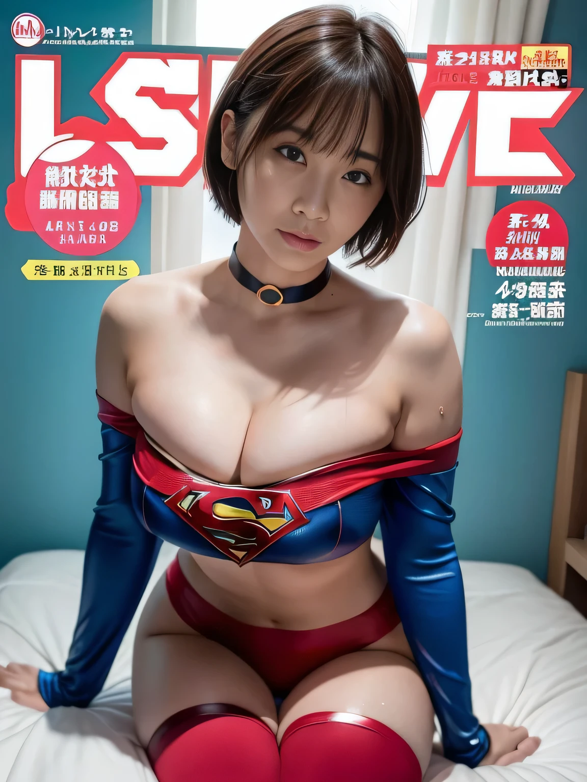masterpiece、Supergirl Costume、short hair、barefoot、Big and ample breasts、Relax in bed、Sexy poses to seduce、Model Body Type、Shiny、Looking at the camera、choker、Long sleeve、Red mini skirt、Weekly magazine cover、Obscene、Sweaty、Radical、Off the shoulder、Alluring、Oily Skin、charm、Enchanting、Fascinating、Fleshy、