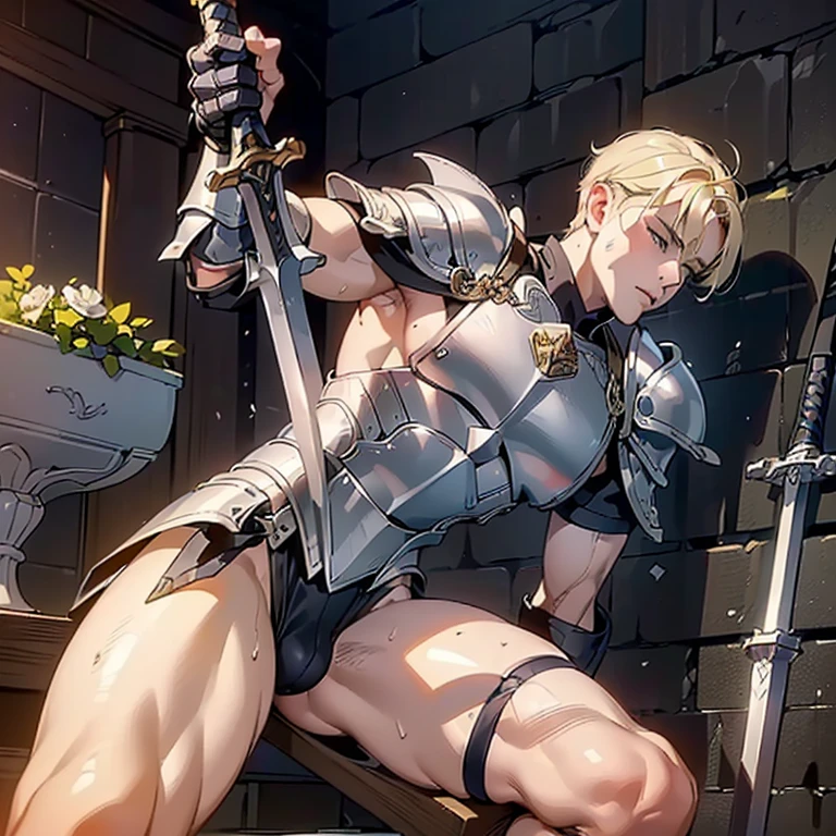 ((A  adult blond male dragoon wearing erotic armored leotard and armor plates rubbing and humping his crotch against his weapon that is positioned in between his legs)), he is breathing heavily and his body is twitching as he rubs the weapon in between his legs, ((NSFW)), hentai, porn, erotic, (((he is using weapon to masturbate and dry humping))), ((inspired by king of kinks hentai game)), ((eroge hentai)), (((sliding up and down with crotch against sword))), ((i want to orgasm)), ((swordplay)),