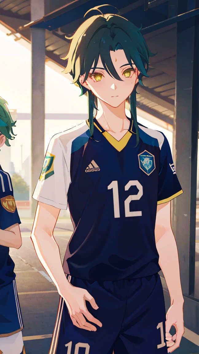 2 boys,dark green hair,highest quality,masterpiece,excessive,male focus,yellow eyes,beautiful eyes,beautiful boy,School,between men,Spouse,soccer club members,Blue soccer uniform,soccer,high school,soccer uniform,blue clothes,soccer court,teammate,same clothes,shoulder to shoulder,feminine,good friend,best image quality,