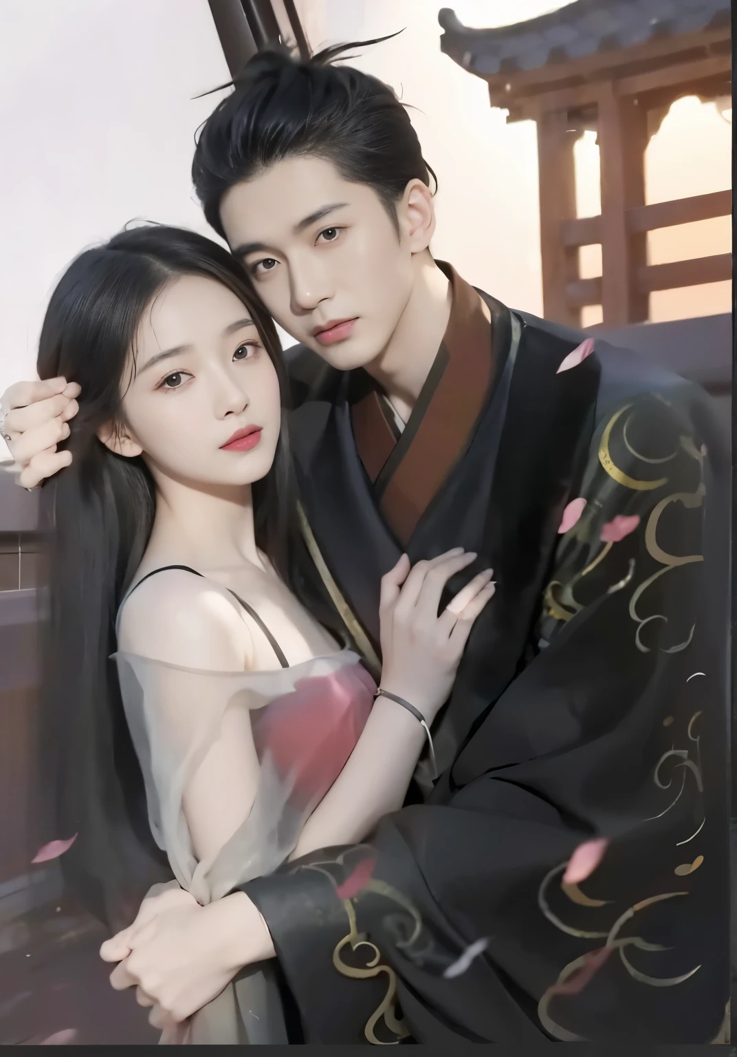 Two Asian people hugging each other in front of a building, Inspiration from Zhang Han, Inspiration from Guan Tao Sheng, High quality fan art, Inspiration from Huang Gongguang, Inspiration from Tang Yifen, In the art form of the pond, Inspiration from Wang Lue, By Yang J, Artwork in the style of gouache, Official fan art