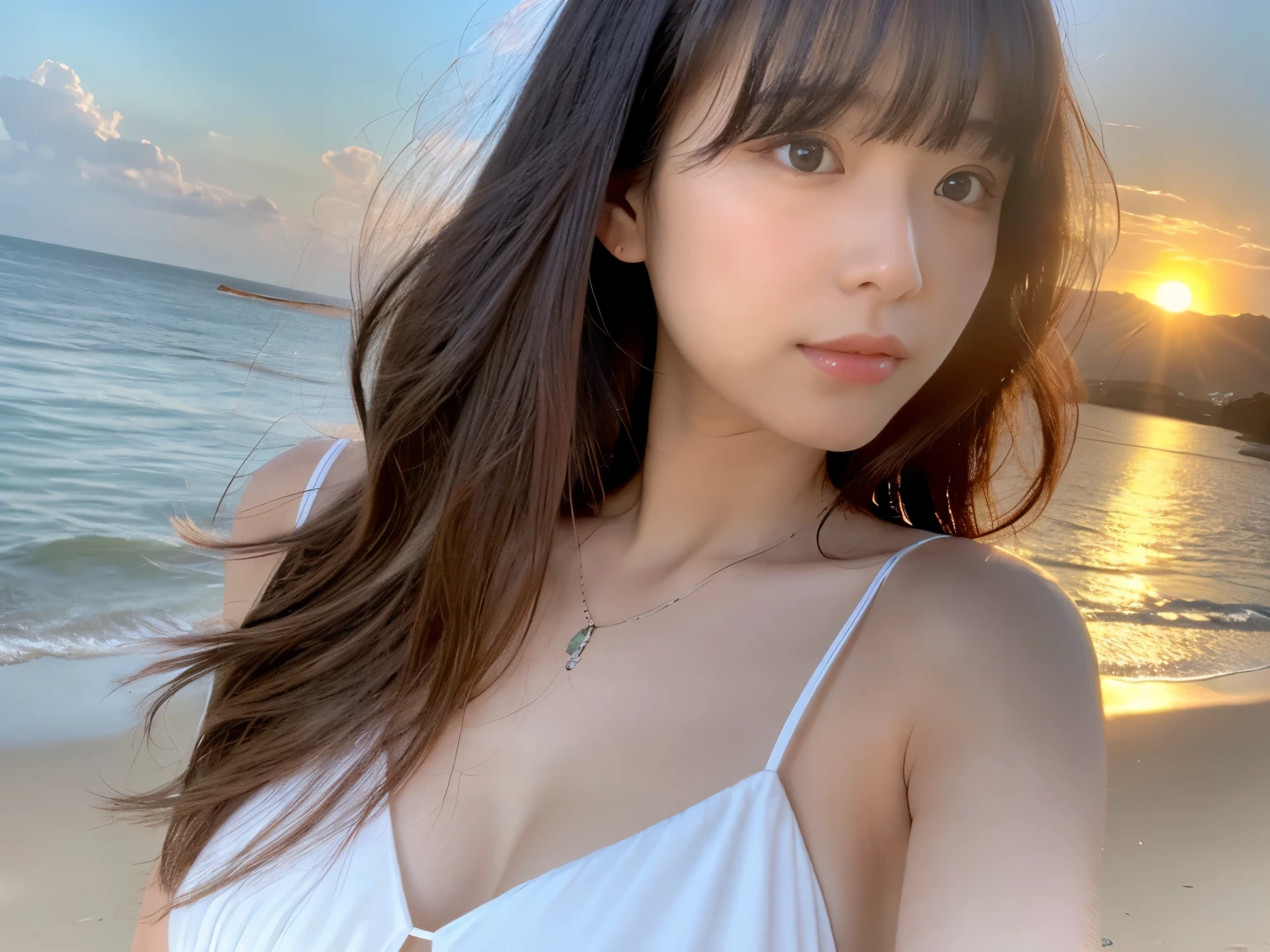 sunny ocean、White camisole dress、1 female、Real、Japanese、Highest quality、Glossy Skin、Big Breasts、upper body image、sunset、With bangs、Long Hair