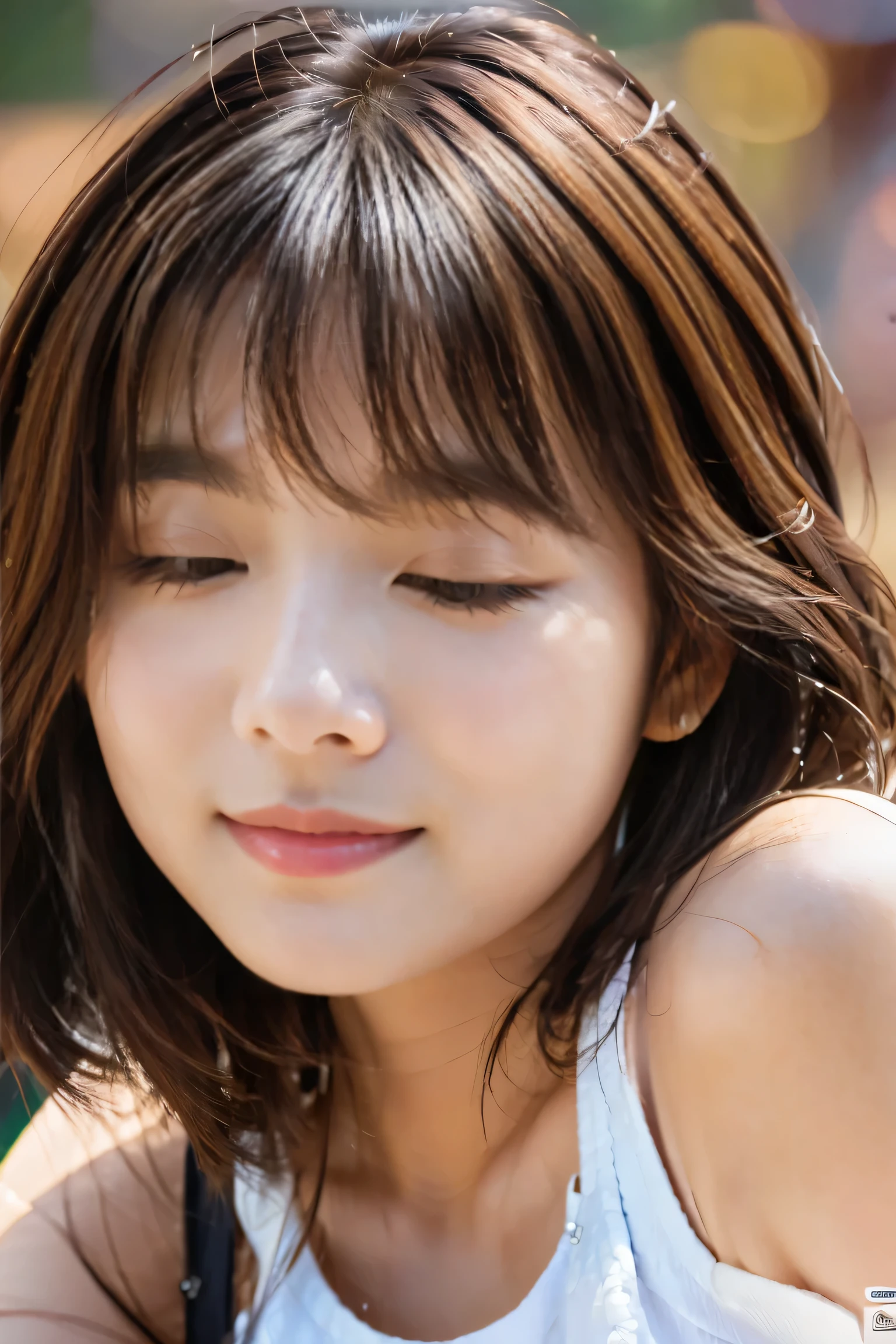 highest quality, Photorealistic, Very detailed, finely, High resolution, 8K Wallpaper, Professional, High level of detail, ((One 18 year old girl:1.2)), Slender Japanese women,cute lips, Detailed clavicle, Mid-chest、Perfect Face, (Cute short hair:1.5), Chestnut Hair、((Close-up of face*1.2))、(Lips inviting you to kiss:1.2)、(Cute closed eyelids:1.5)、