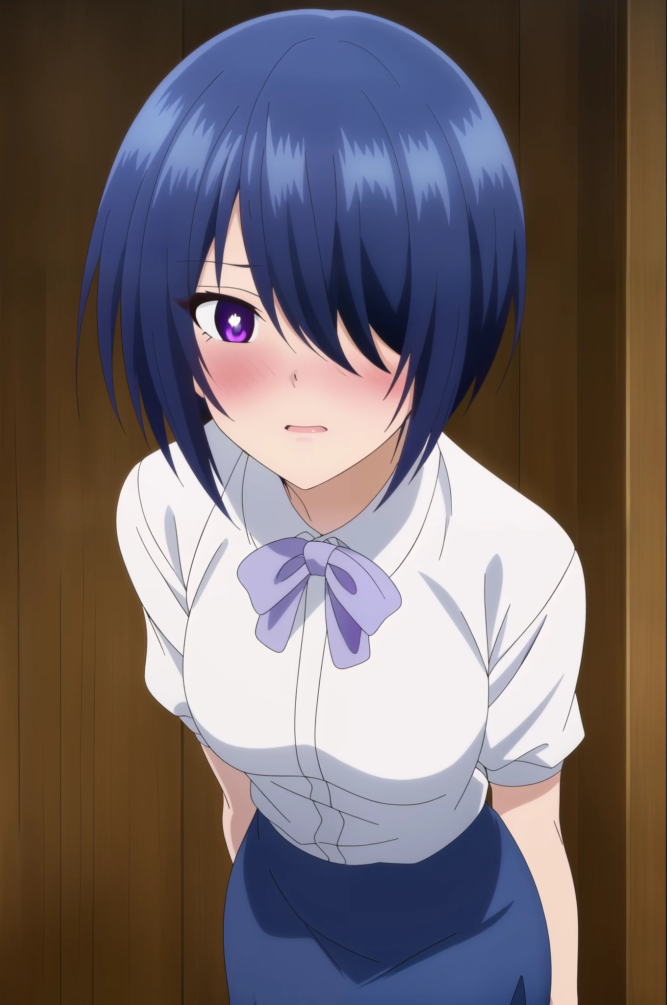 1girl, solo, blush, short hair, skirt, blue hair, bag, white shirt, purple eyes,, ((hair over one eyes)), blue skirt, pencil skirt, (masterpiece: 1.0), (best_quality: 1.0), ultra high resolution, 4K, ultra detailed, photography, 8K, HDR, highres, absurders:1.2, Kodak portra 400, film grain, blurred background, bokeh:1.2, l (vibrant_color:1.2) (Beautiful), (beautiful_face:1.5),(narrow_waist), anime style, sharp focus, professional artwork,trending on pixiv, detailed bold arm lines, high color saturation, bold lines, bold drawing lines), (white skin, (fair skin), wide hips,