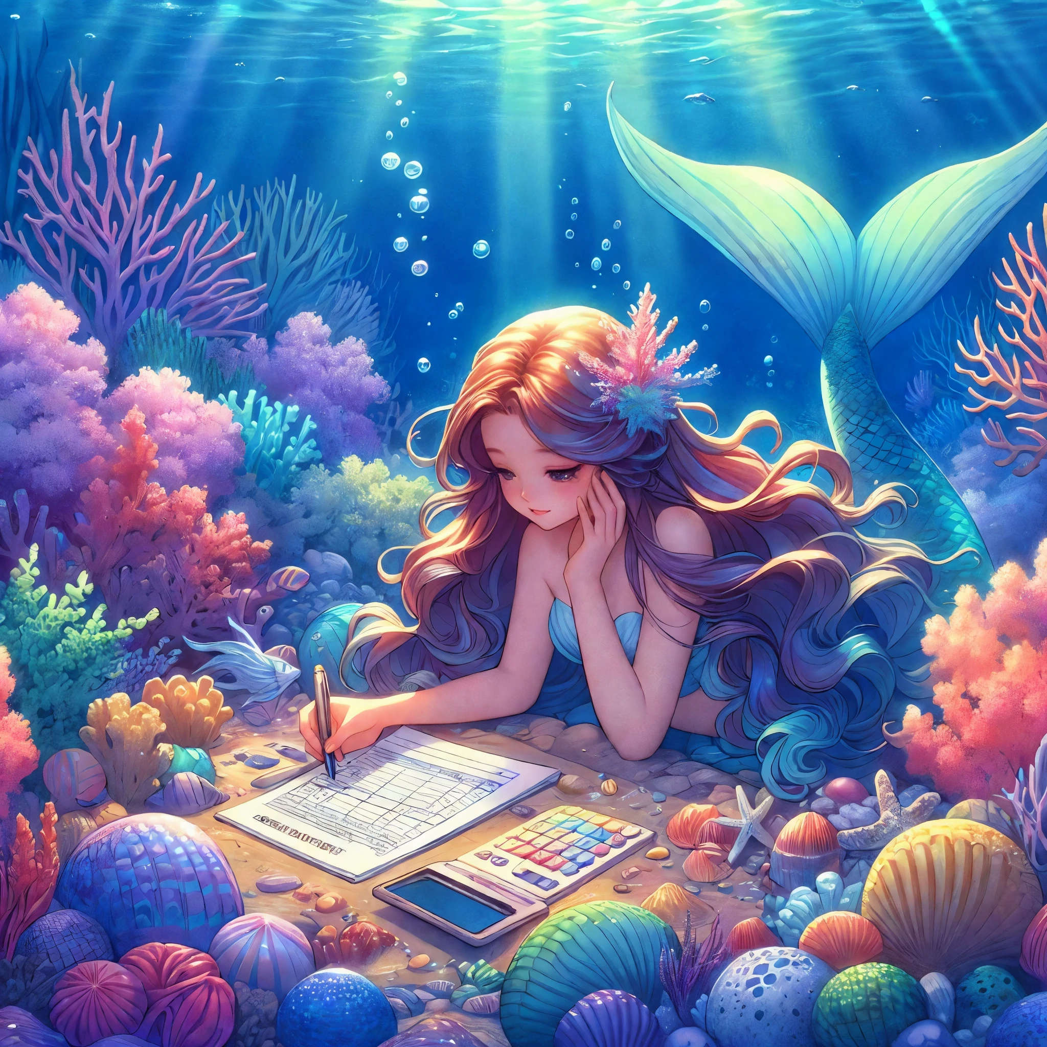 mermaid painting under the sea with a book and pencil, fantasy art style, cute detailed digital art, beautiful mermaid, 4k detailed digital art, dreamy illustration, a beautiful artwork illustration, fantasy artist, beautiful digital art, beautiful digital artwork, anime art wallpaper 4k, anime art wallpaper 4 k, beautiful gorgeous digital art, colorfull digital fantasy art