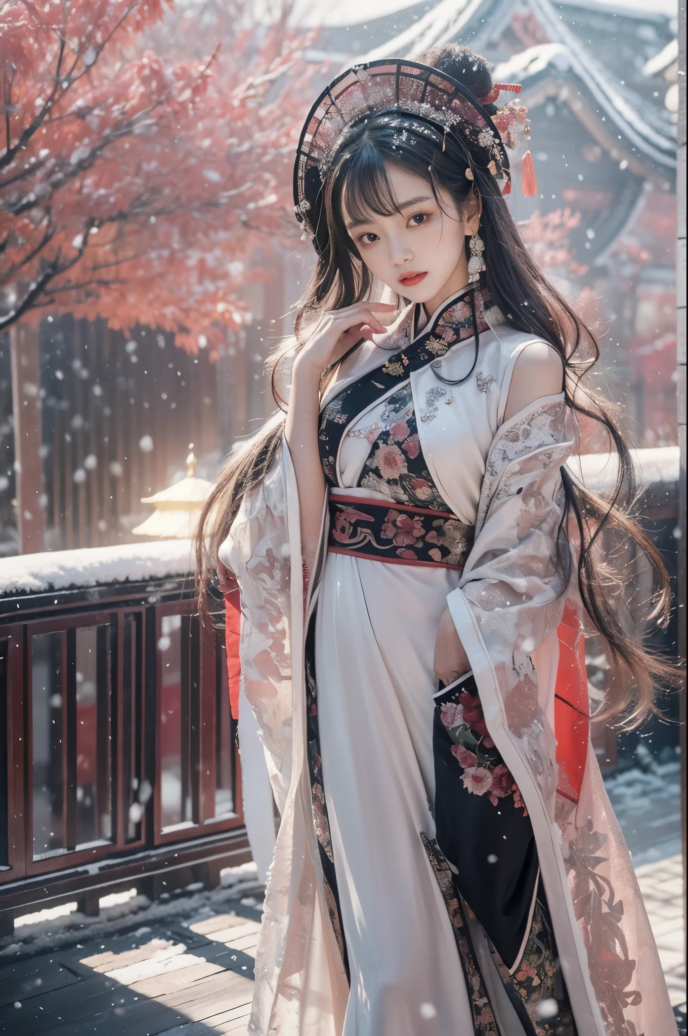 best quality, masterpiece, high resolution,8k,(Realistically:1.4),超high resolution,1 girl,(Black transparent, Lace),(Ultra-realistic skin maps), Ultra Detailed, Surreal, Highly detailed CG illustrations, official art, Movie Lighting, Practical, Young beautiful girl, Perfect body, Perfect body, Full view, Perfect body,enjoy expression,(Start from below:1.3), Sexy pose, Sexy long legs, confidence, Beautiful and sexy, (Gorgeous Chinese Hanfu,cropped shoulder,S-Shape Pose, blush, Chapped lips, View Viewer , half body shot , (fur-edged cloak) ,(Chinese pavilions),It snowed heavily,The ground is covered with snow,